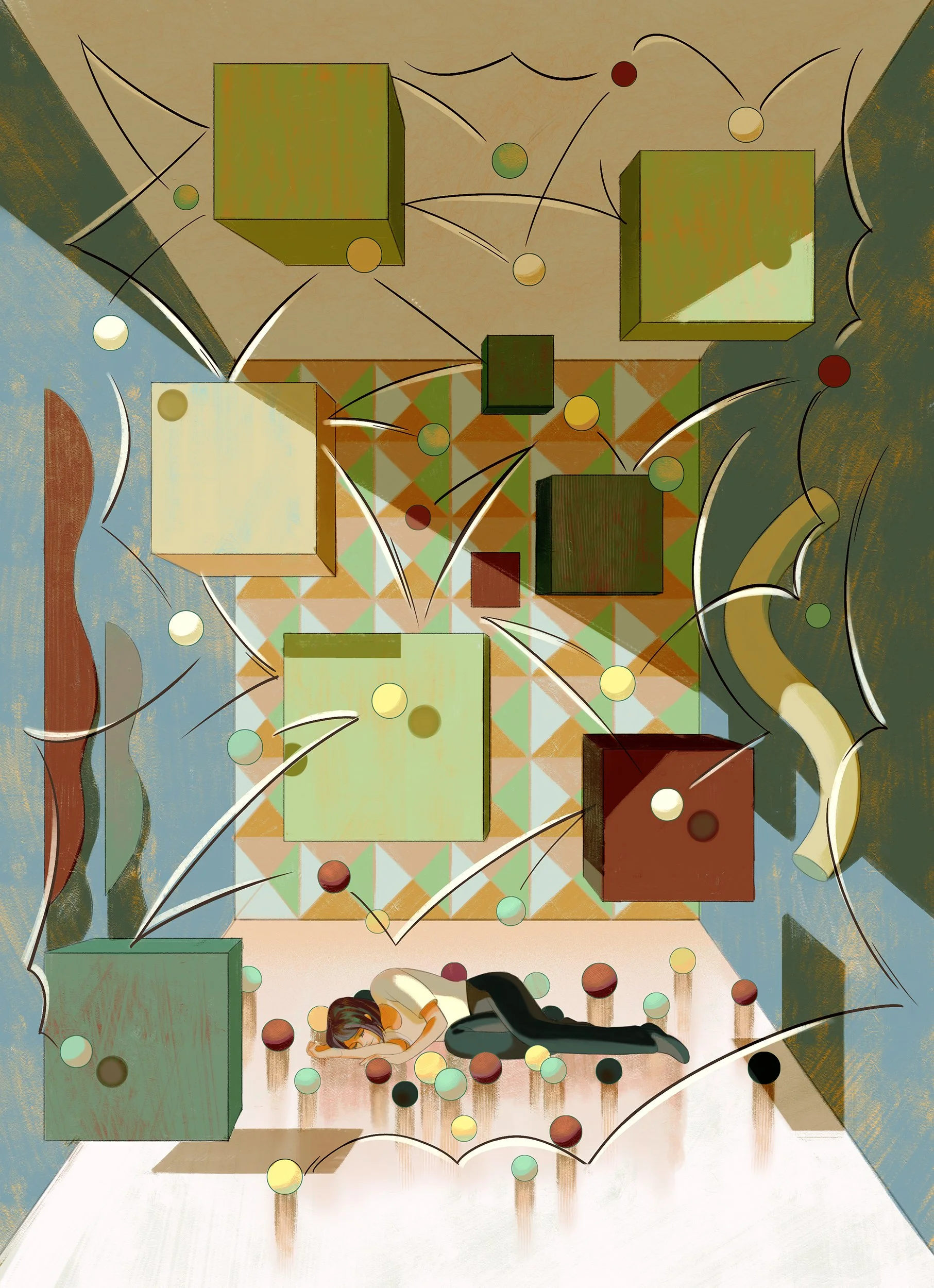 Surreal personal work created by Asian Illustrator Jiawen Chen.A woman lying on the ground, with floating cubes and bouncing balls in the air.
