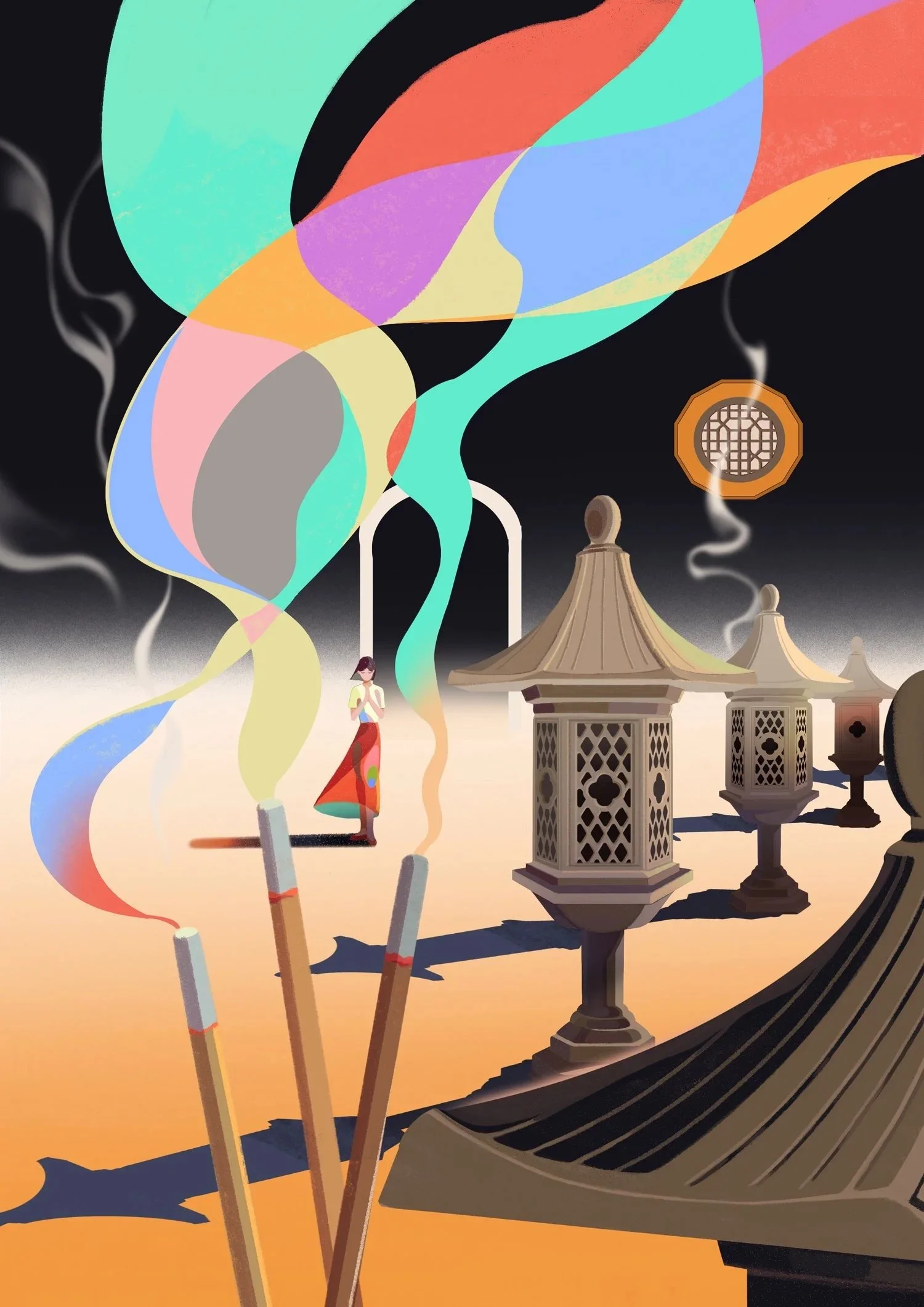 Surreal personal work created by Asian Illustrator Jiawen Chen. A woman praying beside an incense burner.