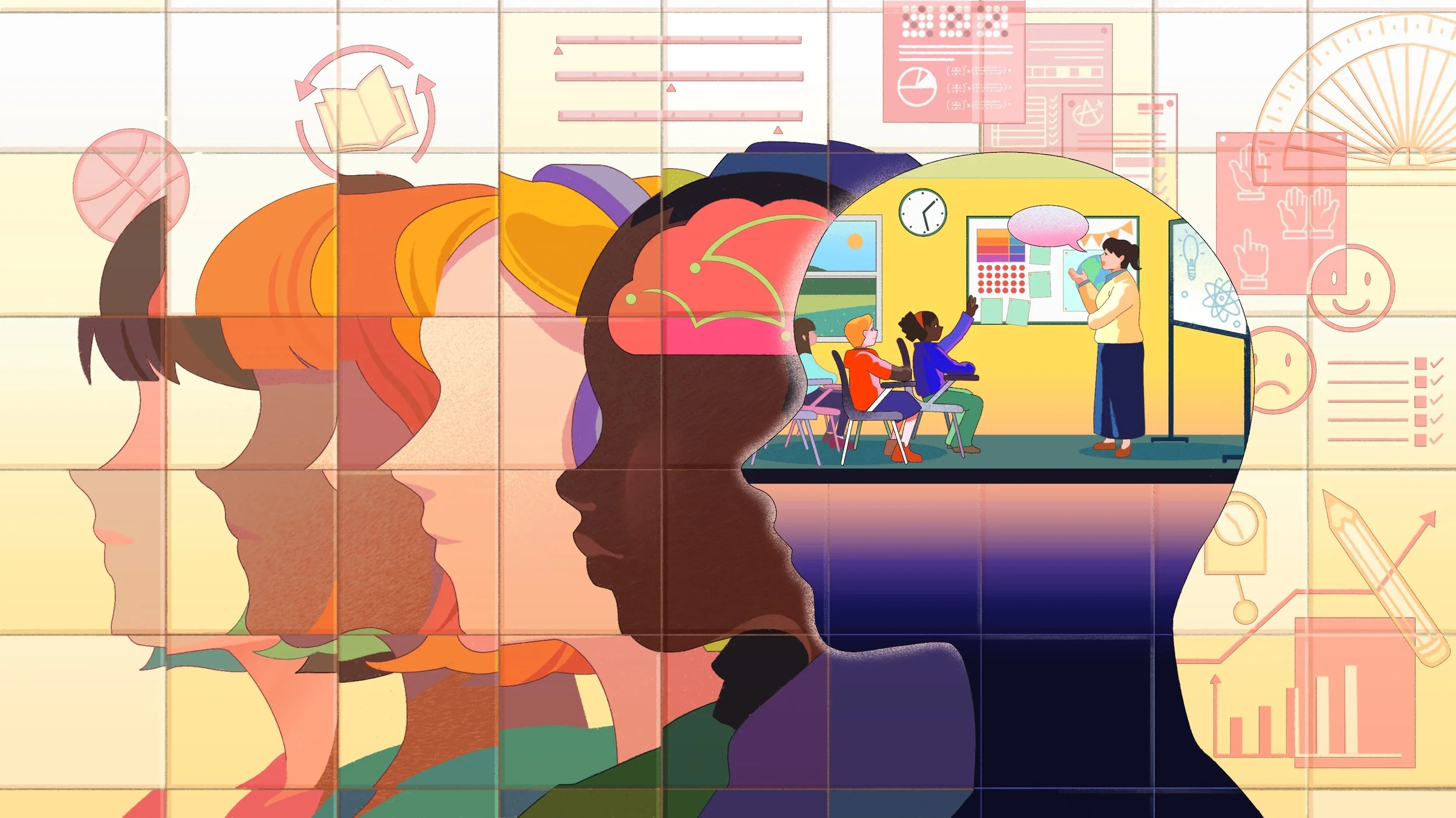 A teacher is having a class with students of different races. Created by Chinese illustrator Jiawen Chen