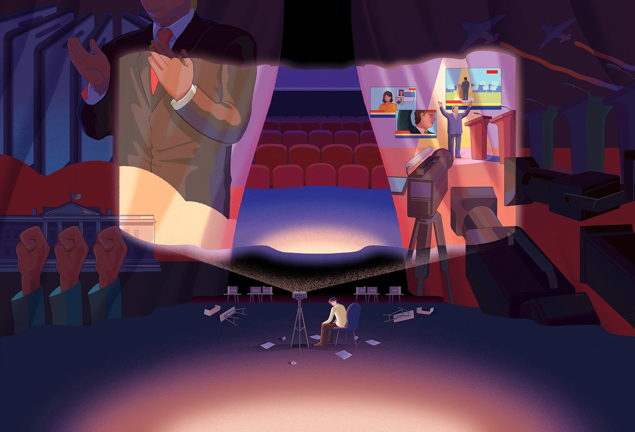 A man sitting on a stage with a closed curtain behind him. Editorial Illustration for nytimes, Illustrated by Jiawen Chen