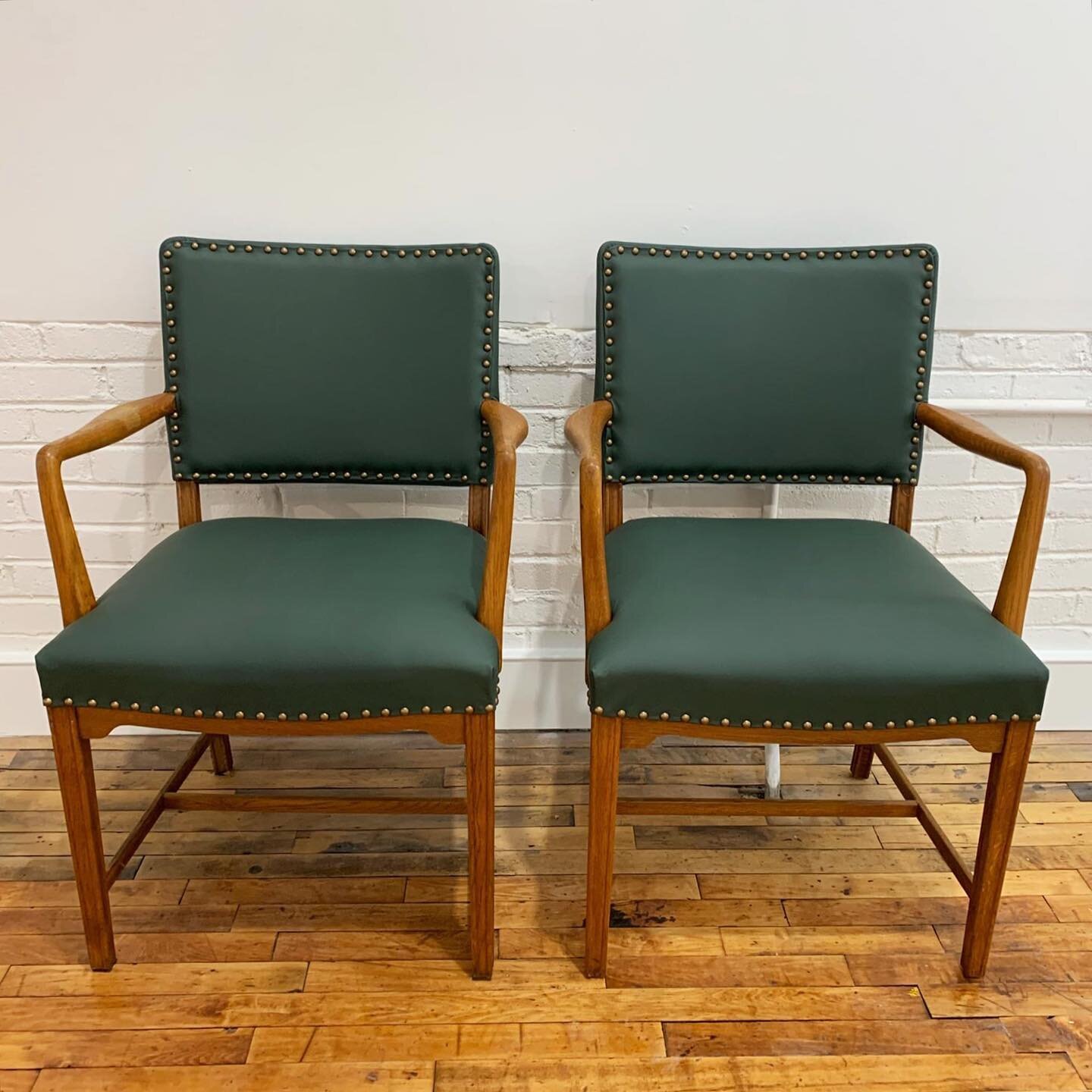 A pair of accent chairs redone in green leather. 

#upholstery #reupholstery #leatherwork #finishnails #philadelphia