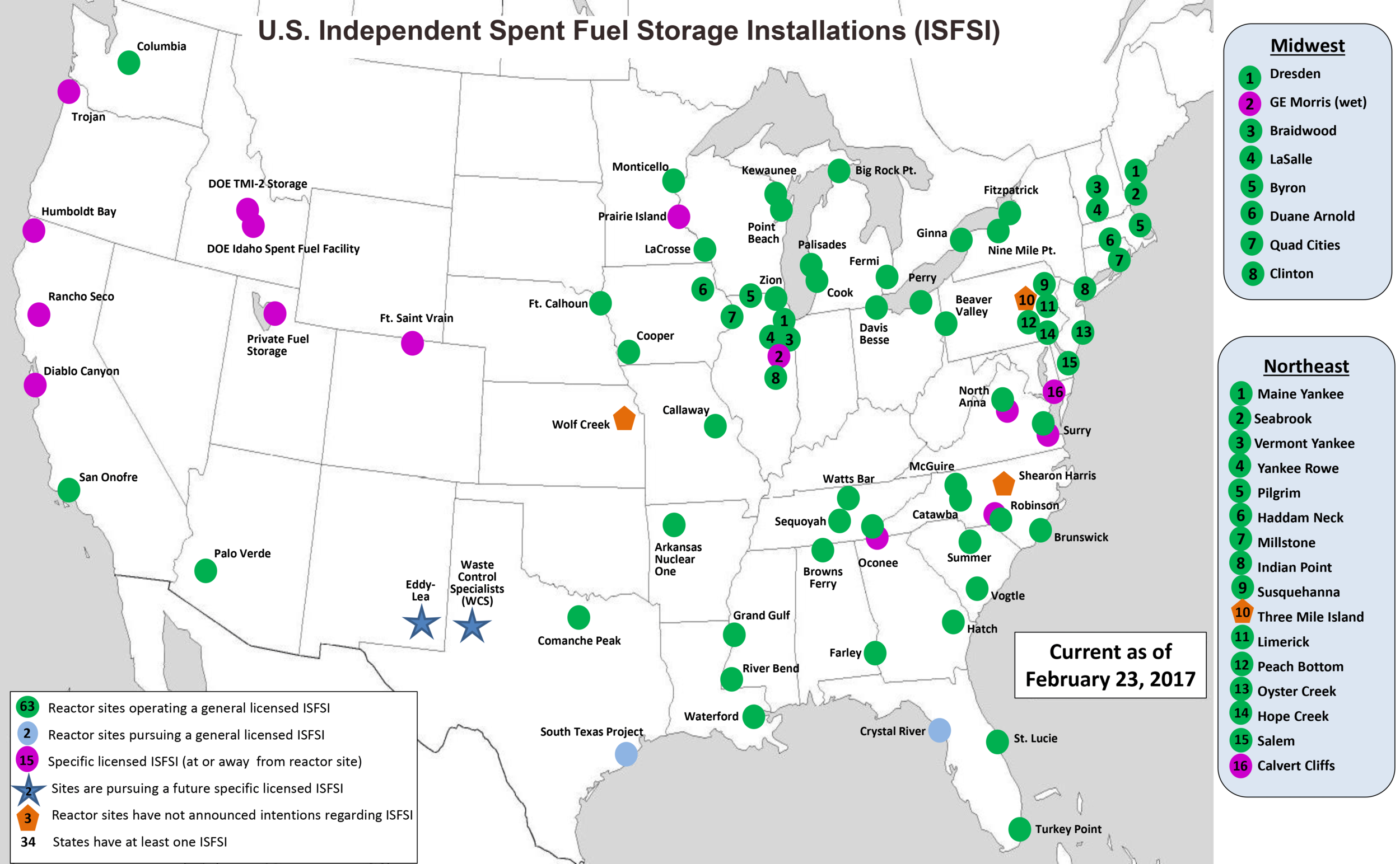 US Locations of Nuclear Reactors, On-site Storage, and Proposed Interim Storage