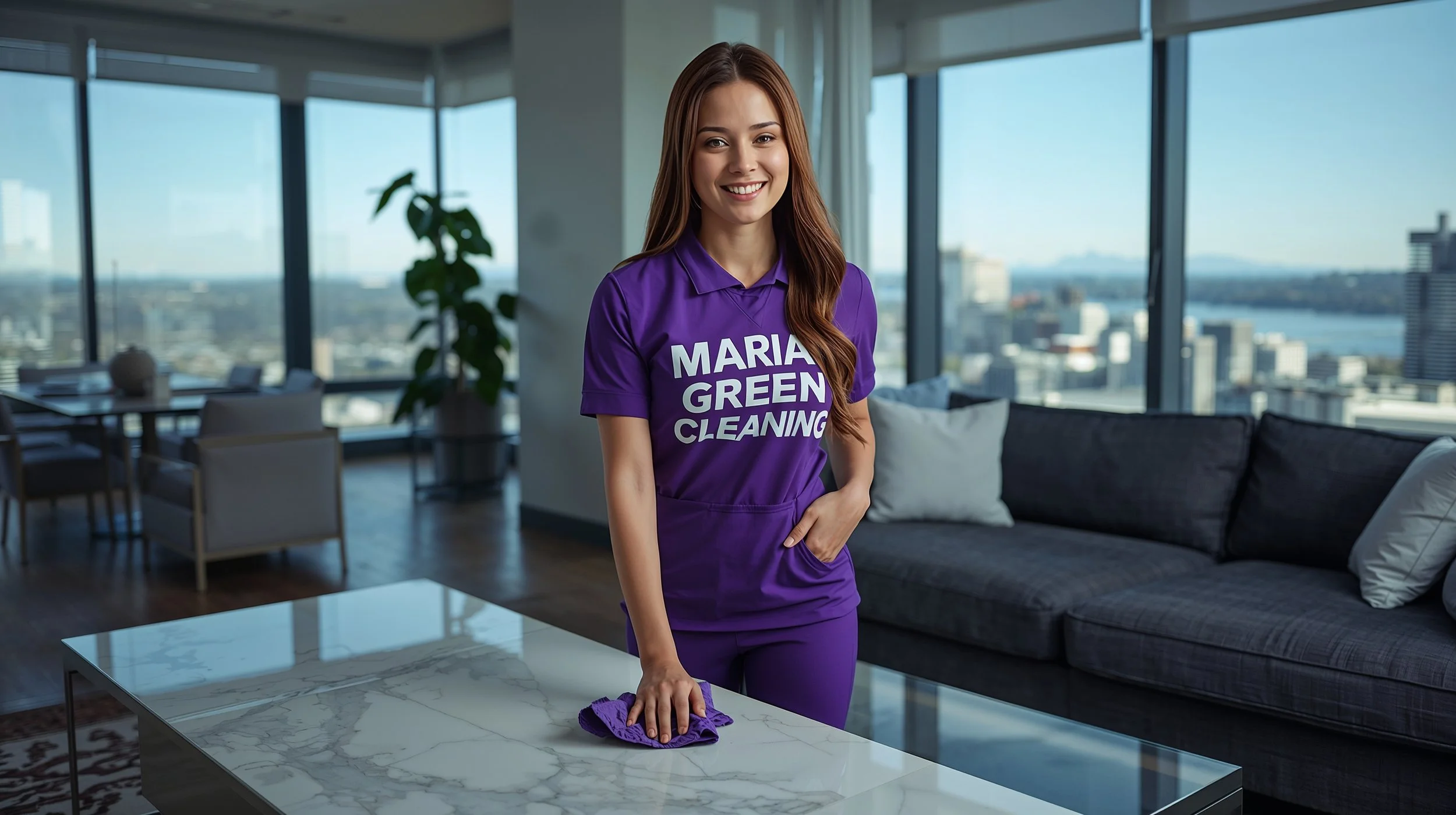 Professional house cleaner polishing marble table inside luxury Belltown Seattle apartment with skyline view