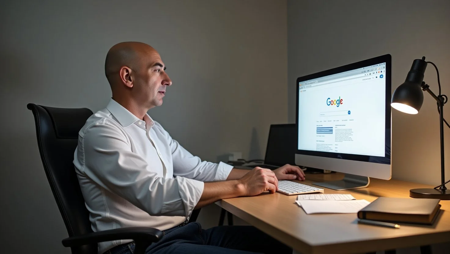 Jeff Bezos sitting at a desk with a laptop open, showing the Google homepage, as he looks thoughtfully at the screen