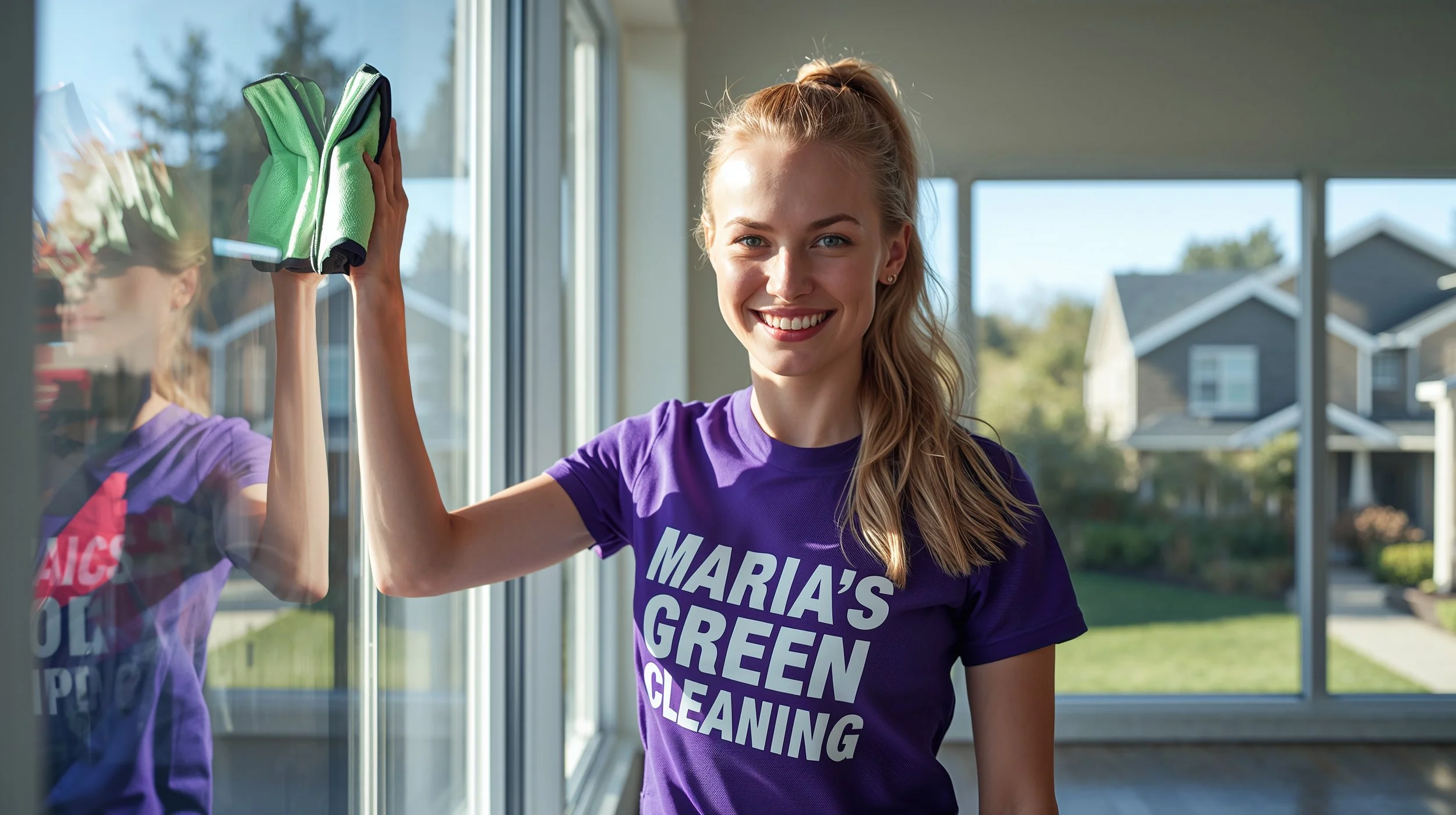 Young cleaner from Maria’s Green Cleaning wiping a large window inside a Bitter Lake Seattle home.