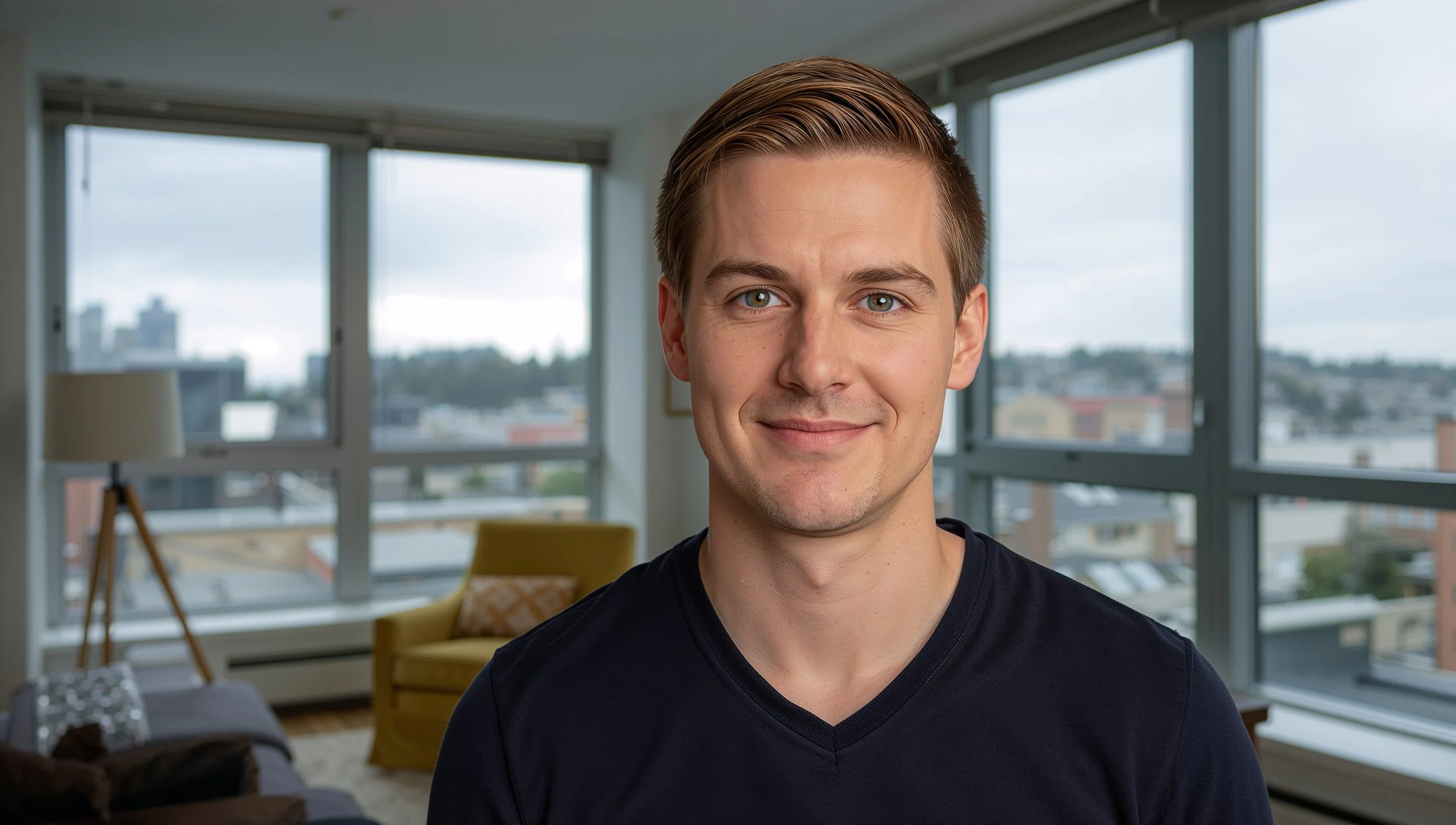 Young man in a clean Seattle apartment after professional cleaning