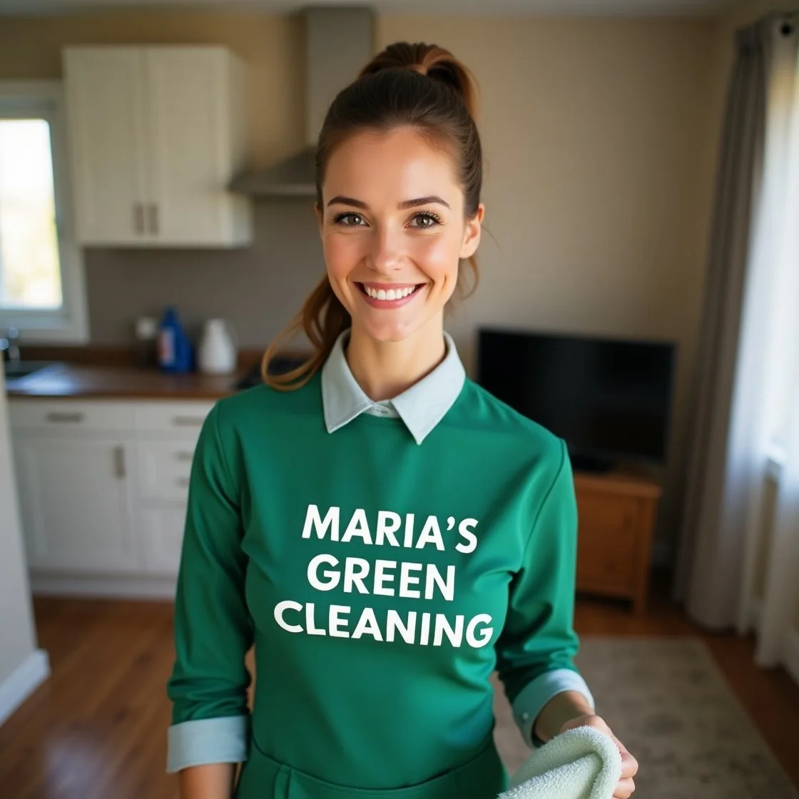 A cheerful young maid in a green uniform with white lettering, smiling at the camera while standing in a kitchen, holding a cleaning cloth.