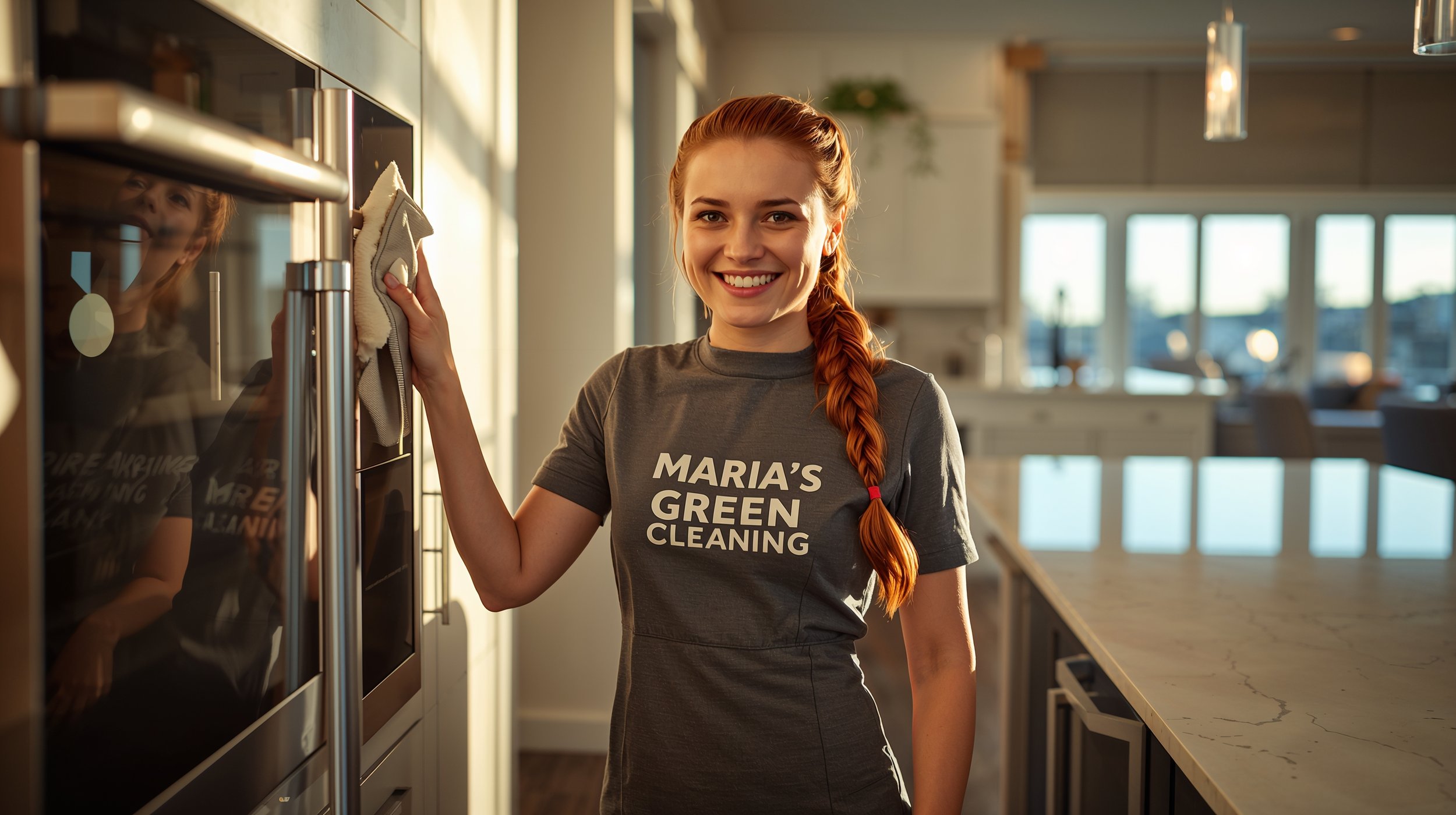Professional cleaner polishing stainless steel appliances inside a Beacon Hill Seattle kitchen