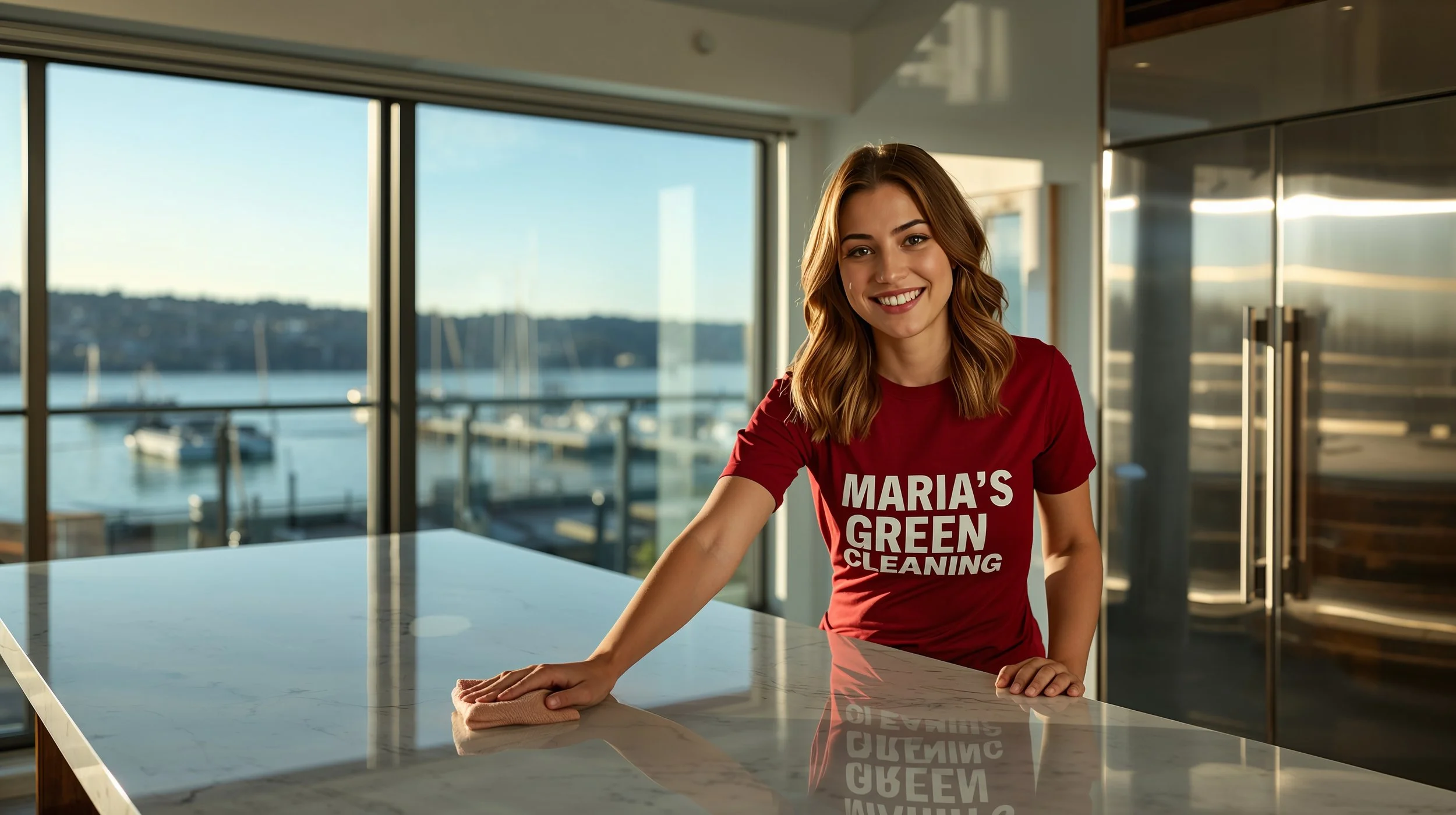 Professional house cleaner polishing a marble kitchen island in a luxury Alki Seattle waterfront home.