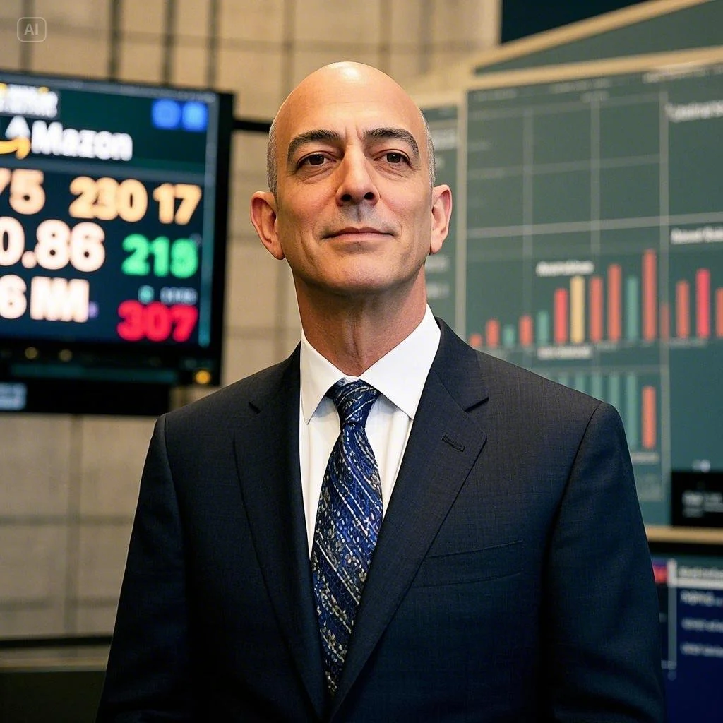 A 33-year-old Jeff Bezos standing proudly on Wall Street in 1997, wearing a business suit.