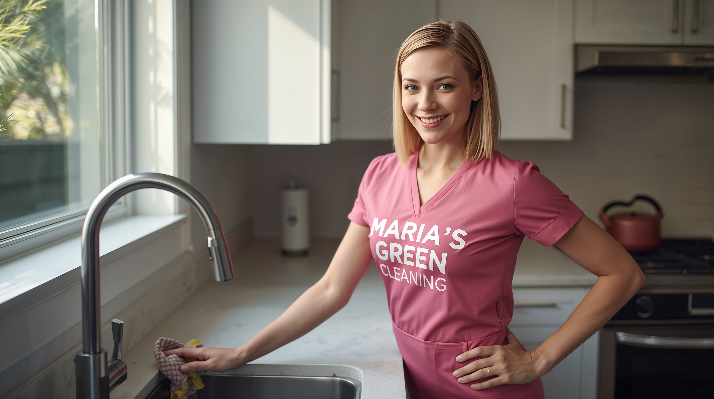 Professional cleaner from Maria’s Green Cleaning polishing kitchen countertops in Ballard Seattle