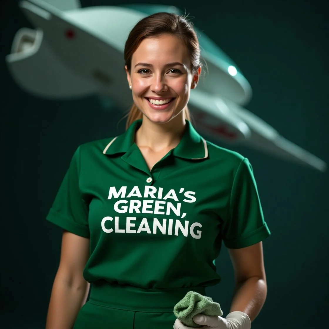 A cheerful woman in a green uniform, holding a mop, smiling in front of a spacecraft.