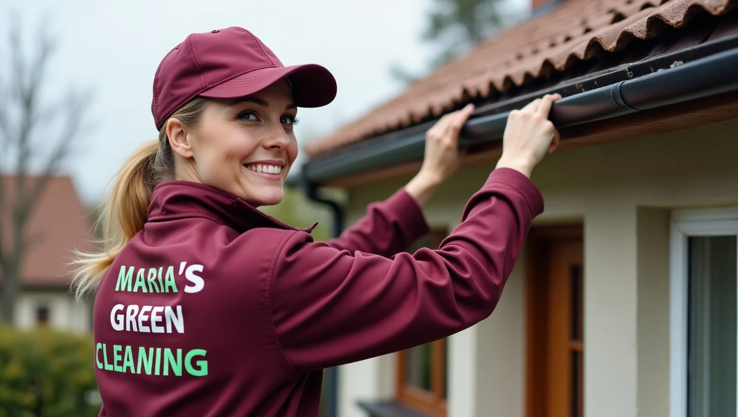 Professional carefully removing debris from the gutters and scrubbing roof stains