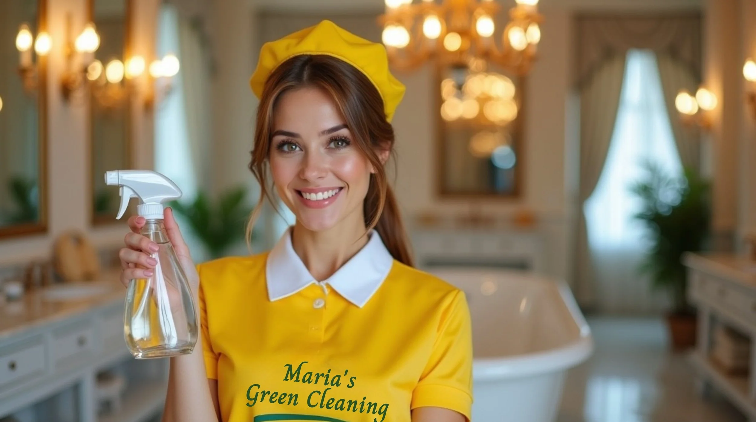 Green Cleaning Professional Spraying a Deodorizing Mist in a Bathroom