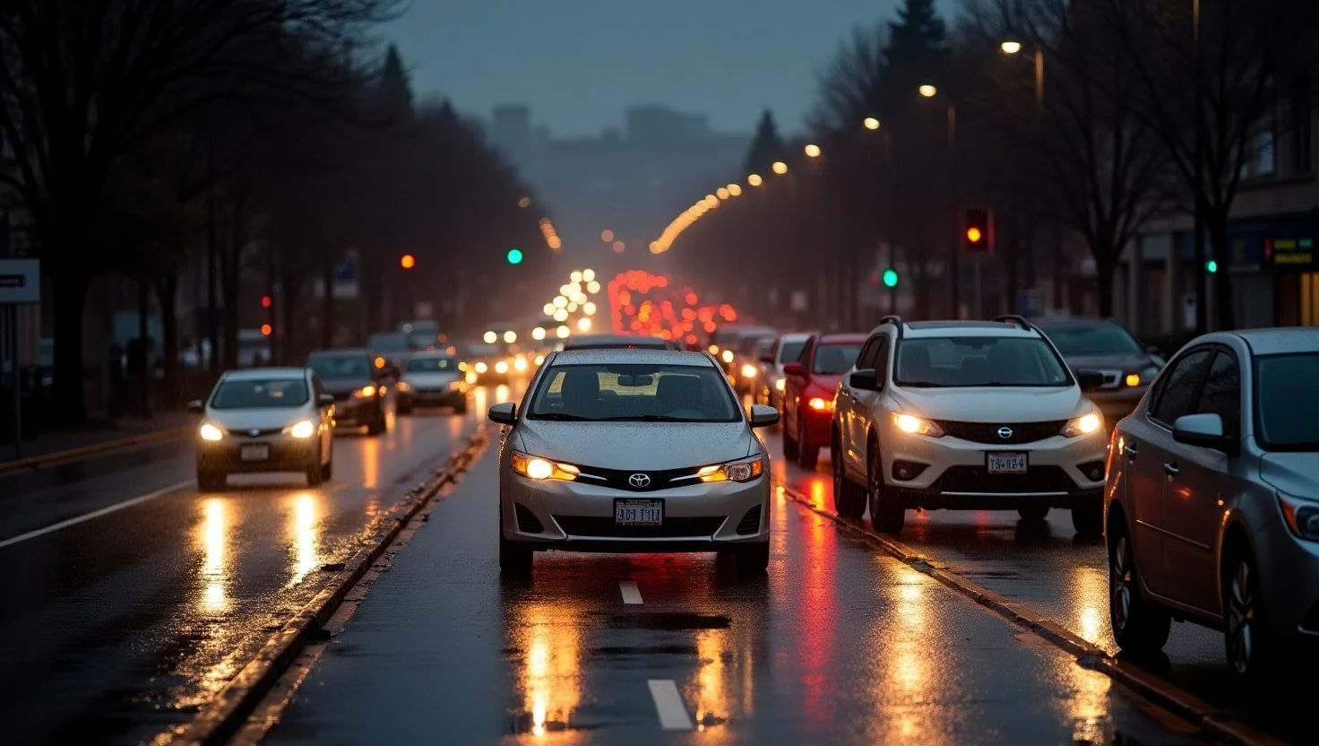 Rainy evening in Seattle with headlights reflecting off the wet pavement as cars