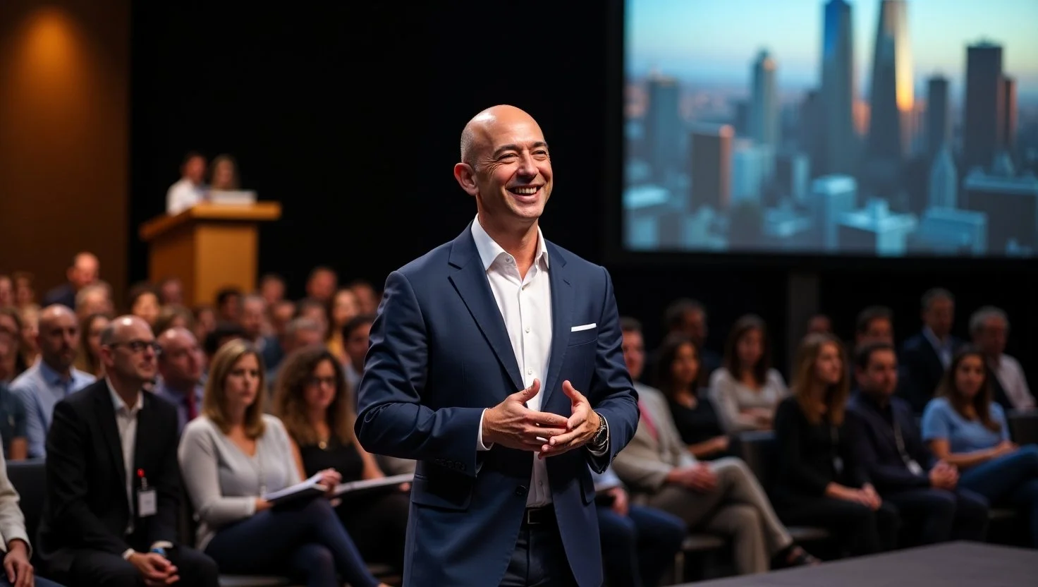 Jeff Bezos on stage addressing an audience about the past failures