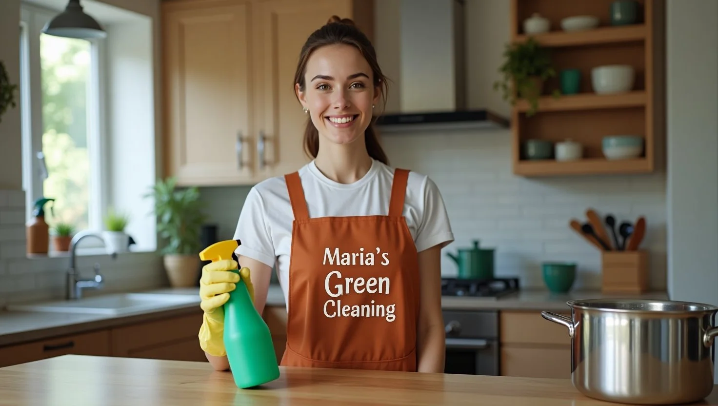 A cleaning lady is polishing a stainless steel pot with a vinegar solution.