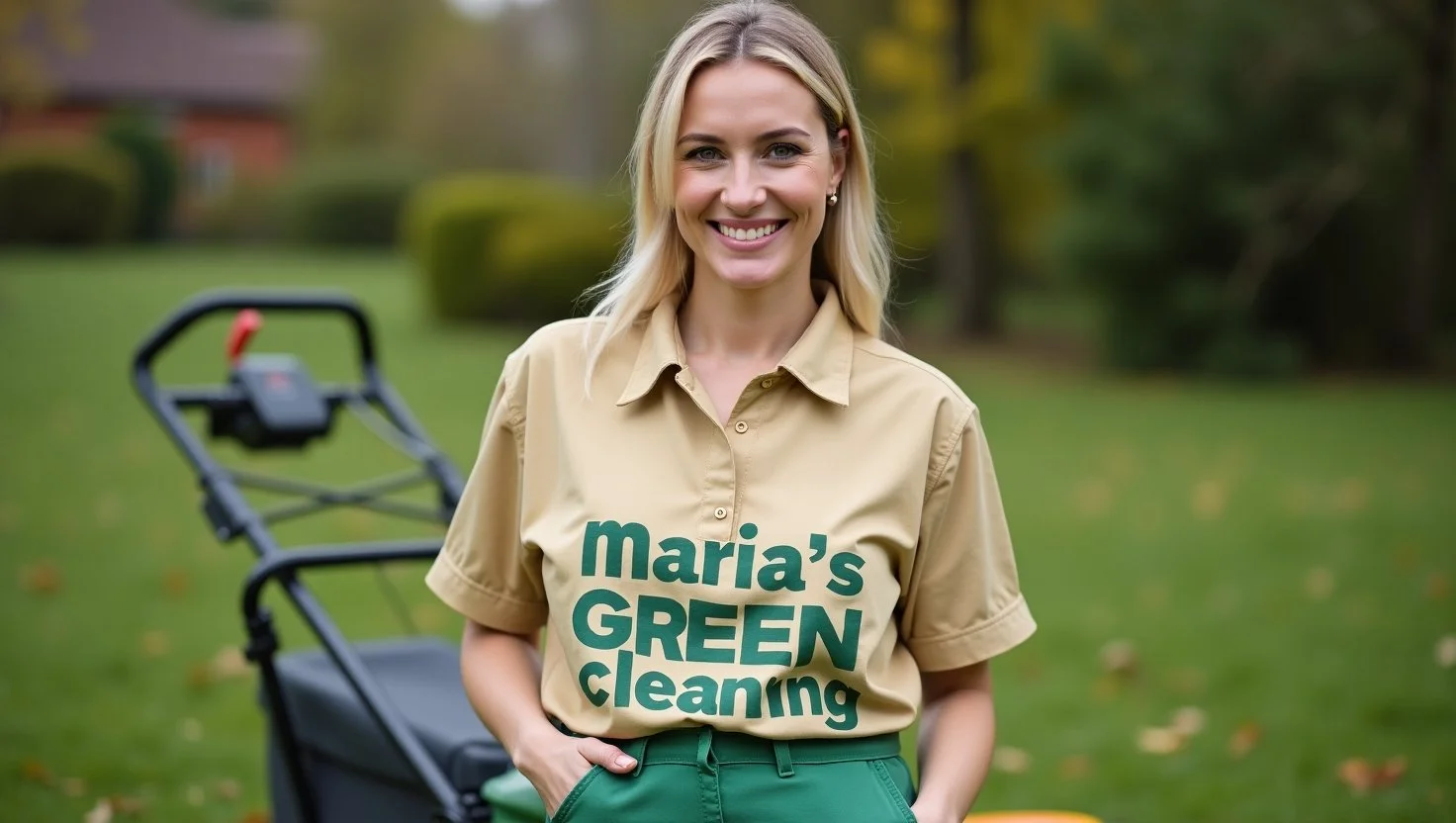 Professional landscaper trimming grass, cleaning pathways, and disposing of lawn waste