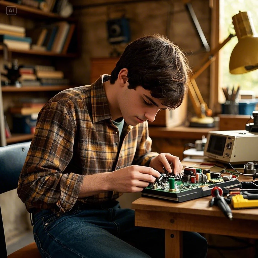 Teenage Jeff Bezos in the 1970s, working on an early electronics project .