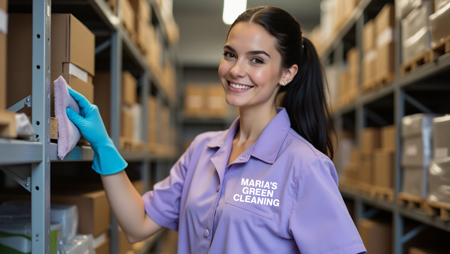 The maid is expertly using a plant-based cleanser to clean a shelf