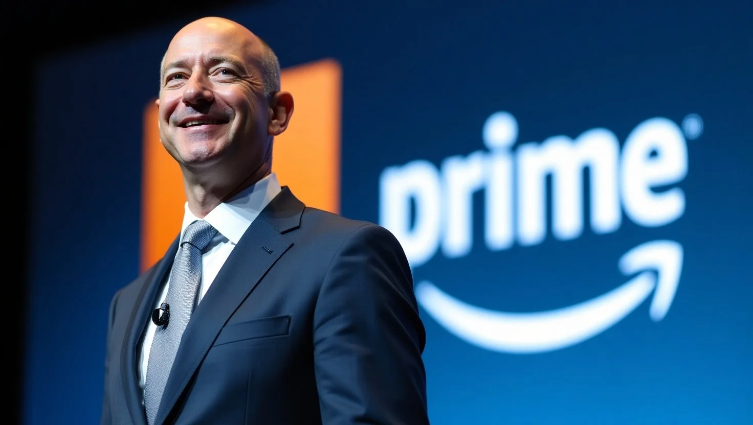 Jeff Bezos standing in front of an Amazon Prime logo, symbolizing his commitment to fast and convenient service for customers