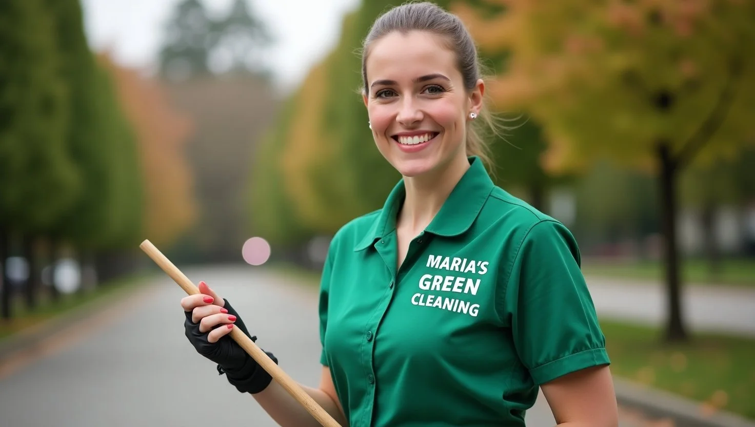 A cheerful lady wearing a green uniform with "Maria's Green Cleaning" logo stands in a park, smiling and holding a broom.