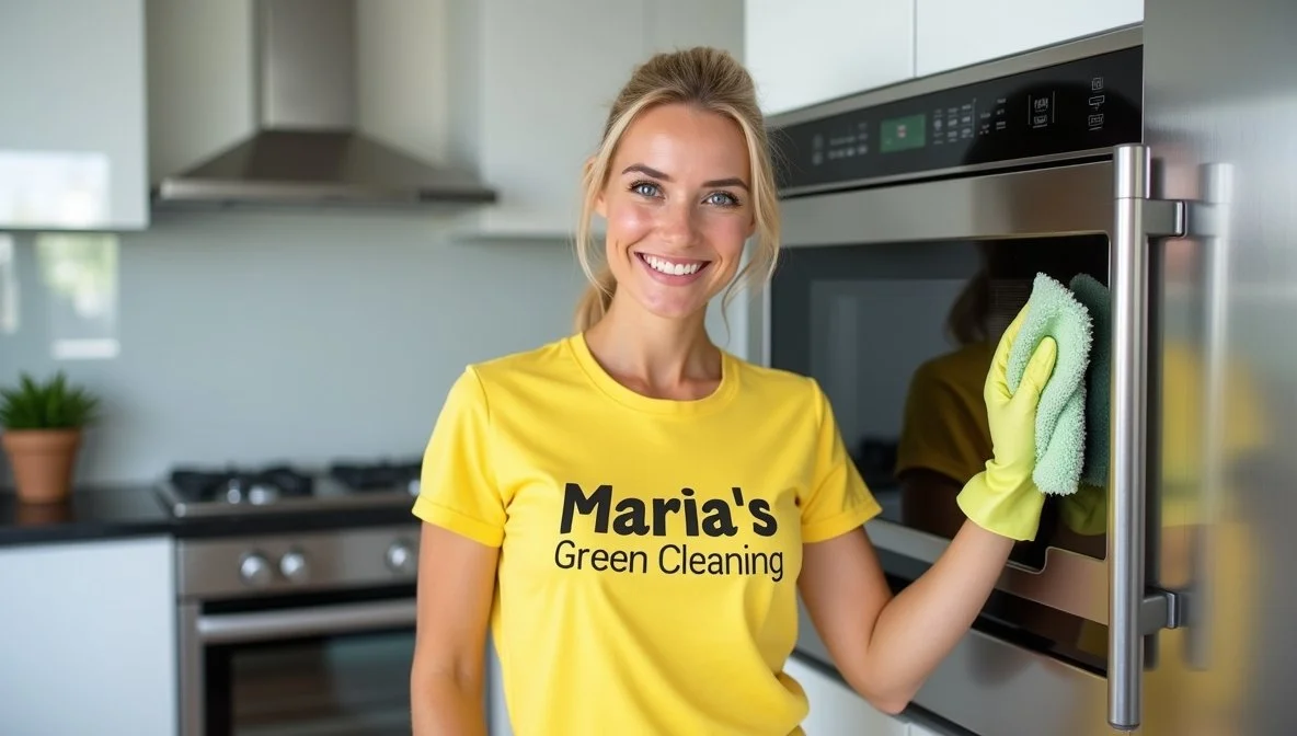 House Cleaner Wiping a Microwave Door
