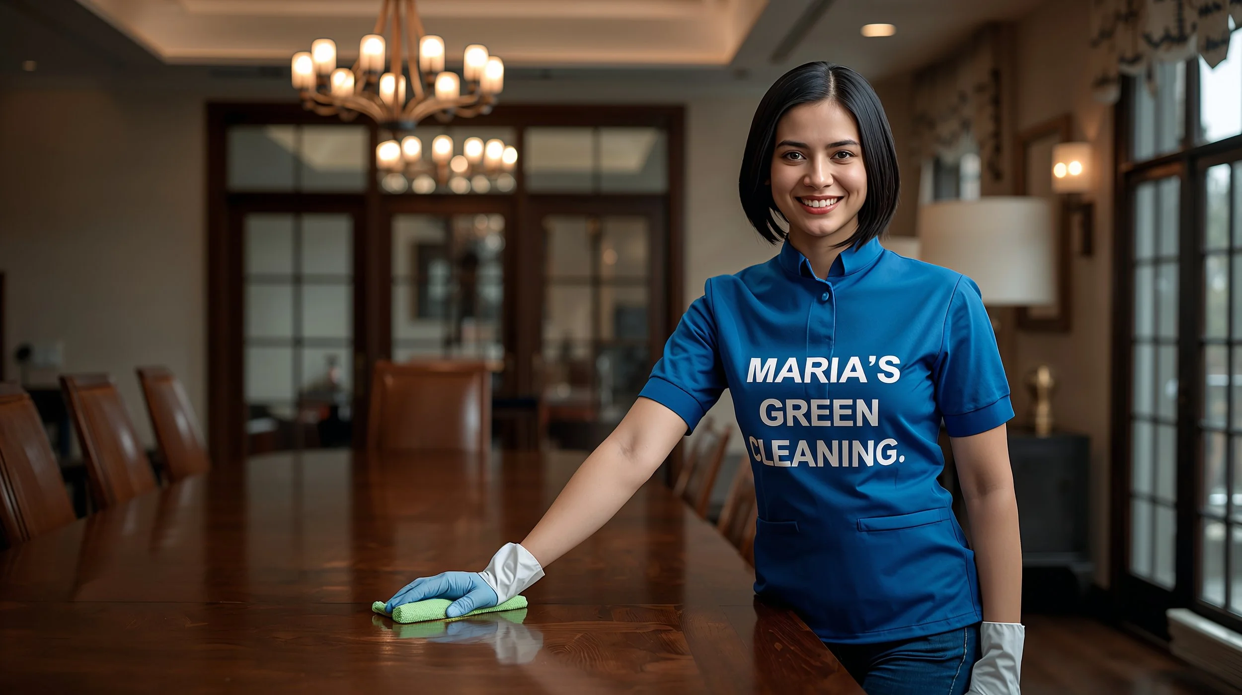 House cleaner polishing a wooden dining table inside an elegant Seattle dining room.