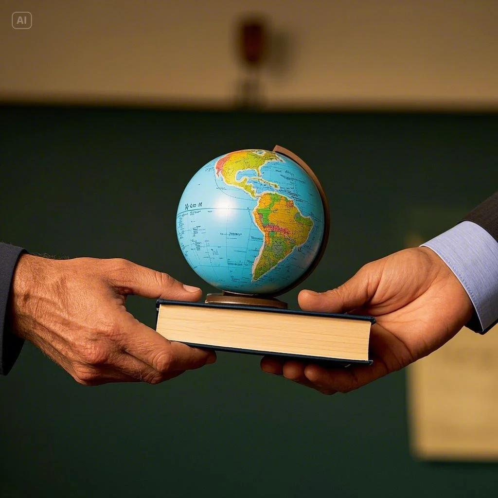 Two hands exchanging a globe mounted on top of a book in a professional setting.