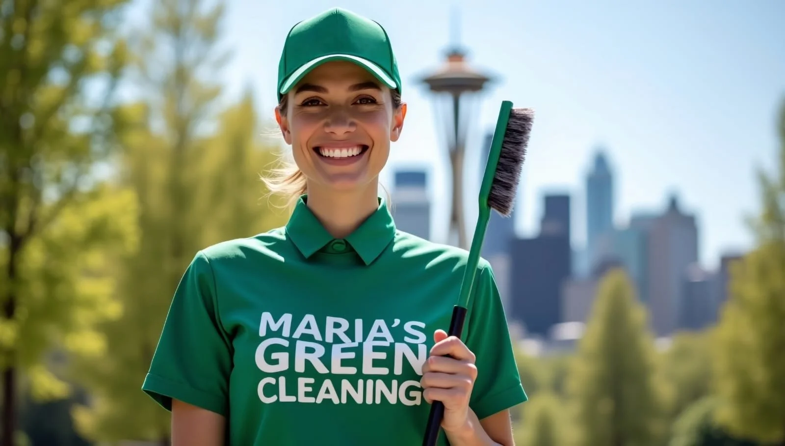 Lady cleaning with a broom while standing in a Seattle park with the Space Needle in the background.