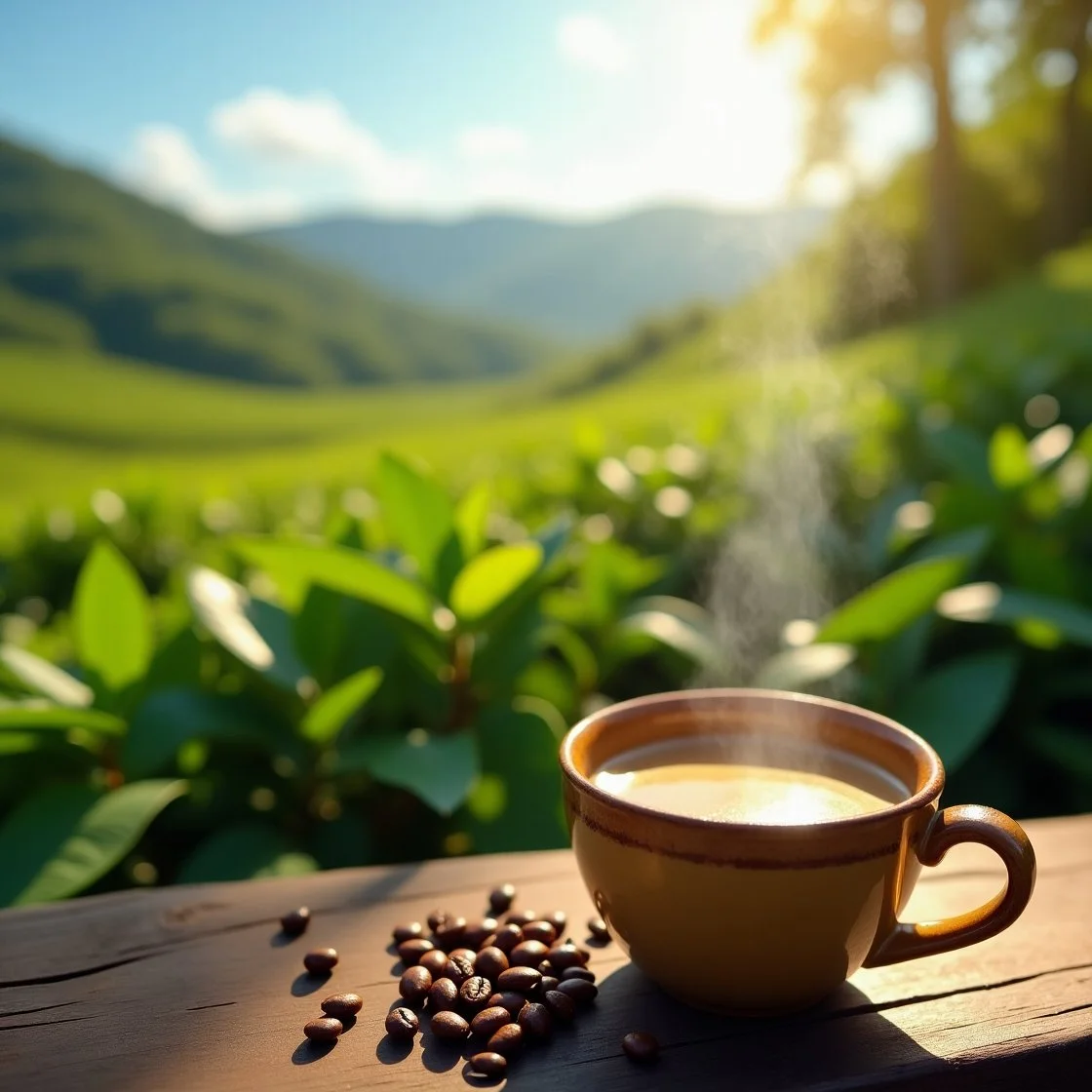 Drinking hot coffee while in the fields of plants