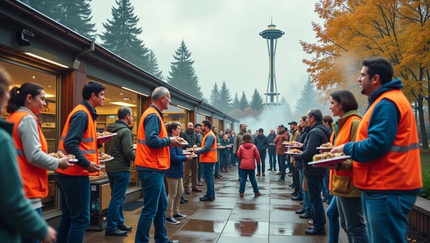 Seattle community center handing out free meals to a long line of people in need