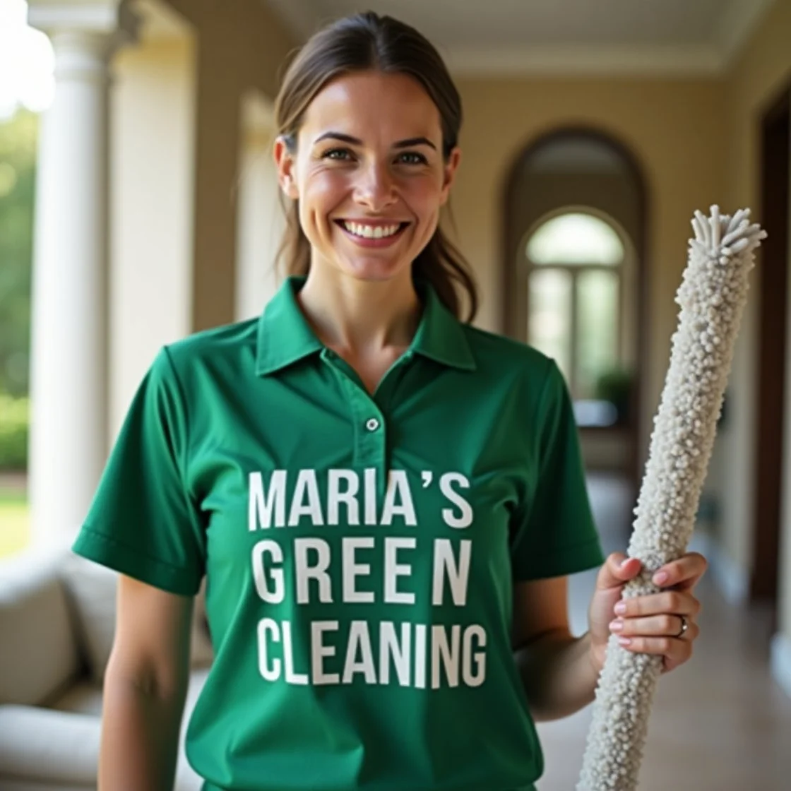 A friendly woman wearing a green shirt with 'MARIA'S GREEN CLEANING'  smiling while holding a cleaning tool in a stylish, spacious room.