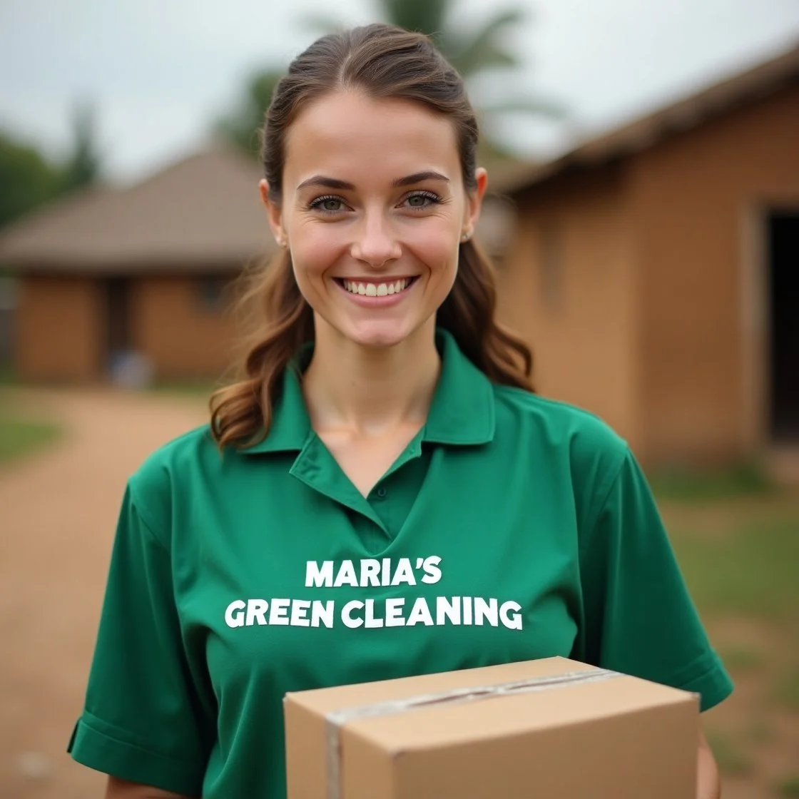 A young lady maid, smiling and holding a box, standing in a village with traditional huts in the background.