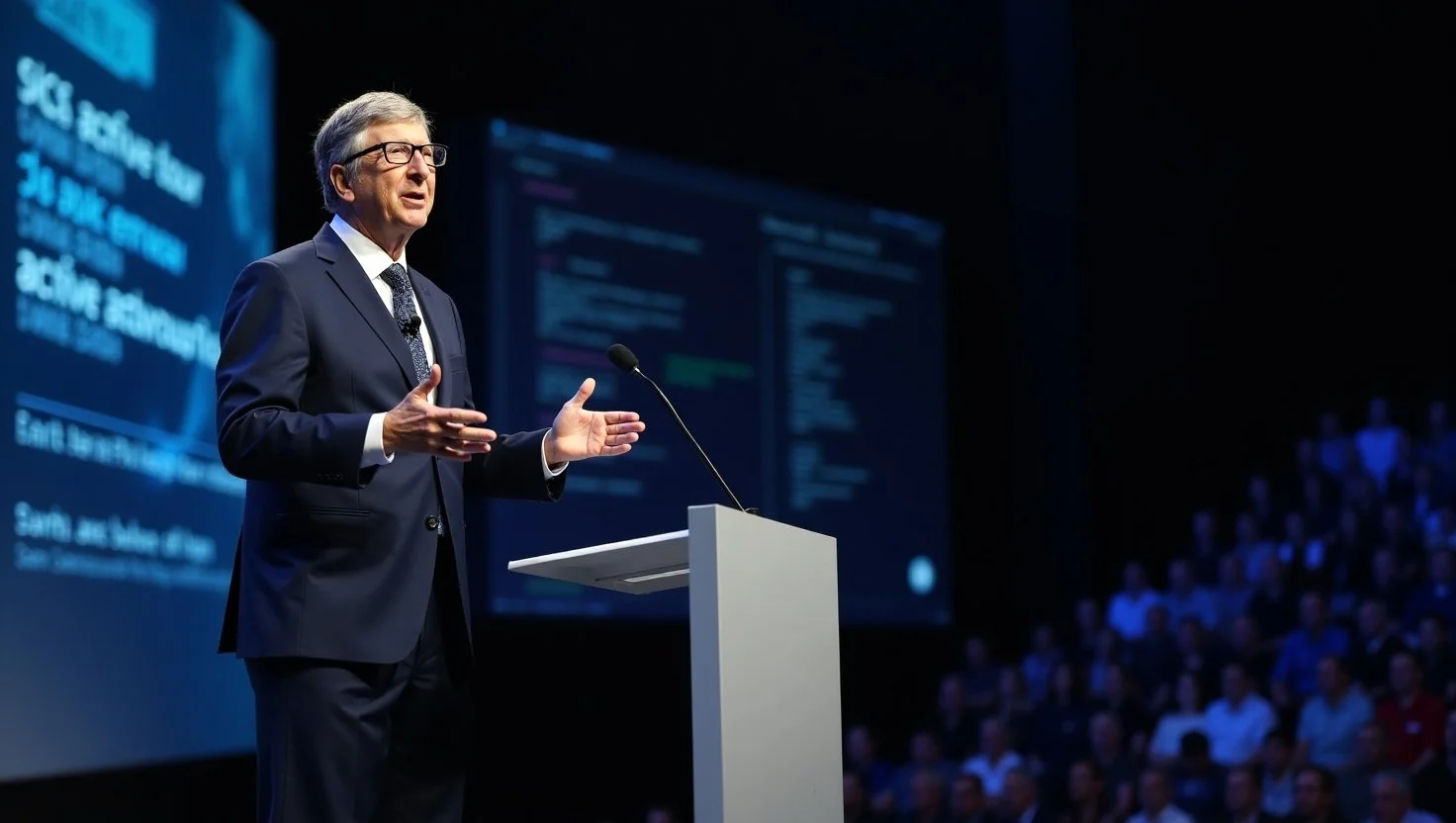 Bill Gates delivering a keynote speech at a Microsoft event