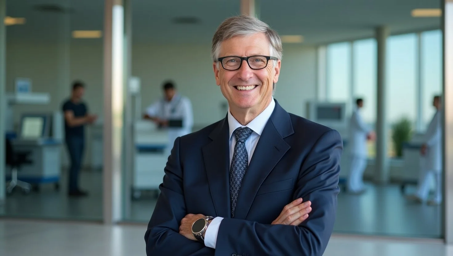 Bill Gates in a suit, standing in front of a healthcare innovation center, symbolizing his contributions to global health.