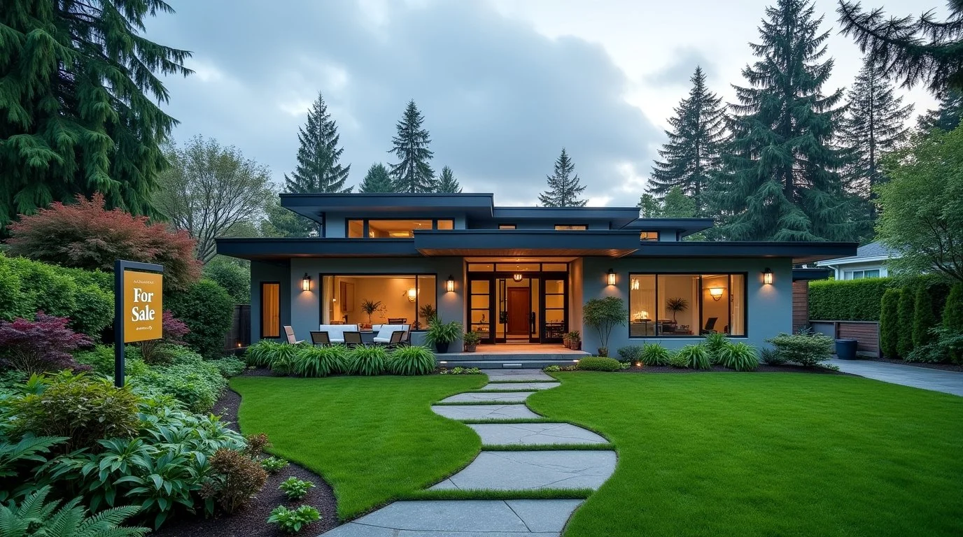Modern Seattle home with a 'For Sale' sign in the front yard