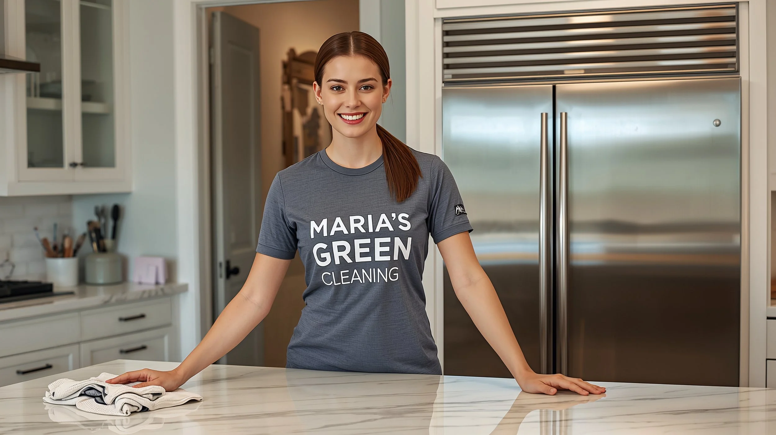 Young professional cleaner polishing a luxury marble kitchen island in a Beacon Hill Seattle home