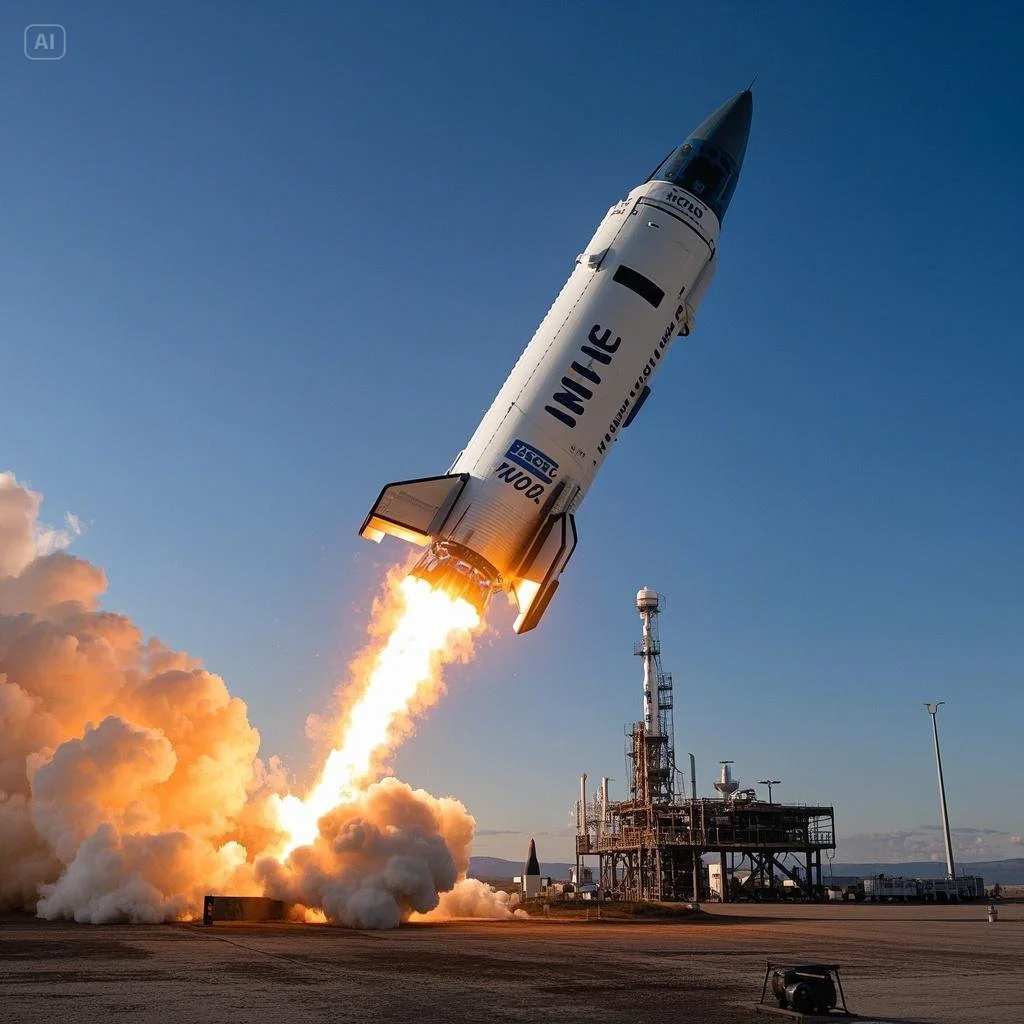 The Blue Origin New Shepard rocket soaring into the sky, with flames and smoke billowing from the boosters.
