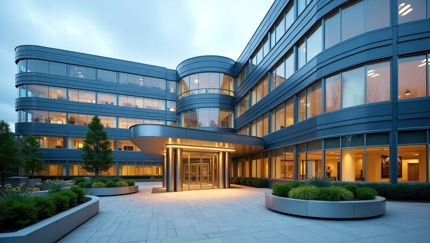 Modern hospital exterior in Seattle, Washington, with large glass windows