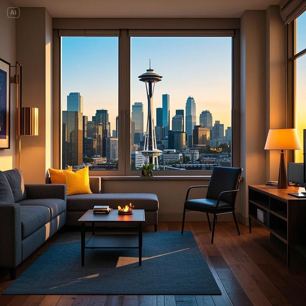 A stylish living room with modern furnishings and a panoramic view of Seattle’s skyline, featuring the iconic Space Needle, seen through a large window during sunset.
