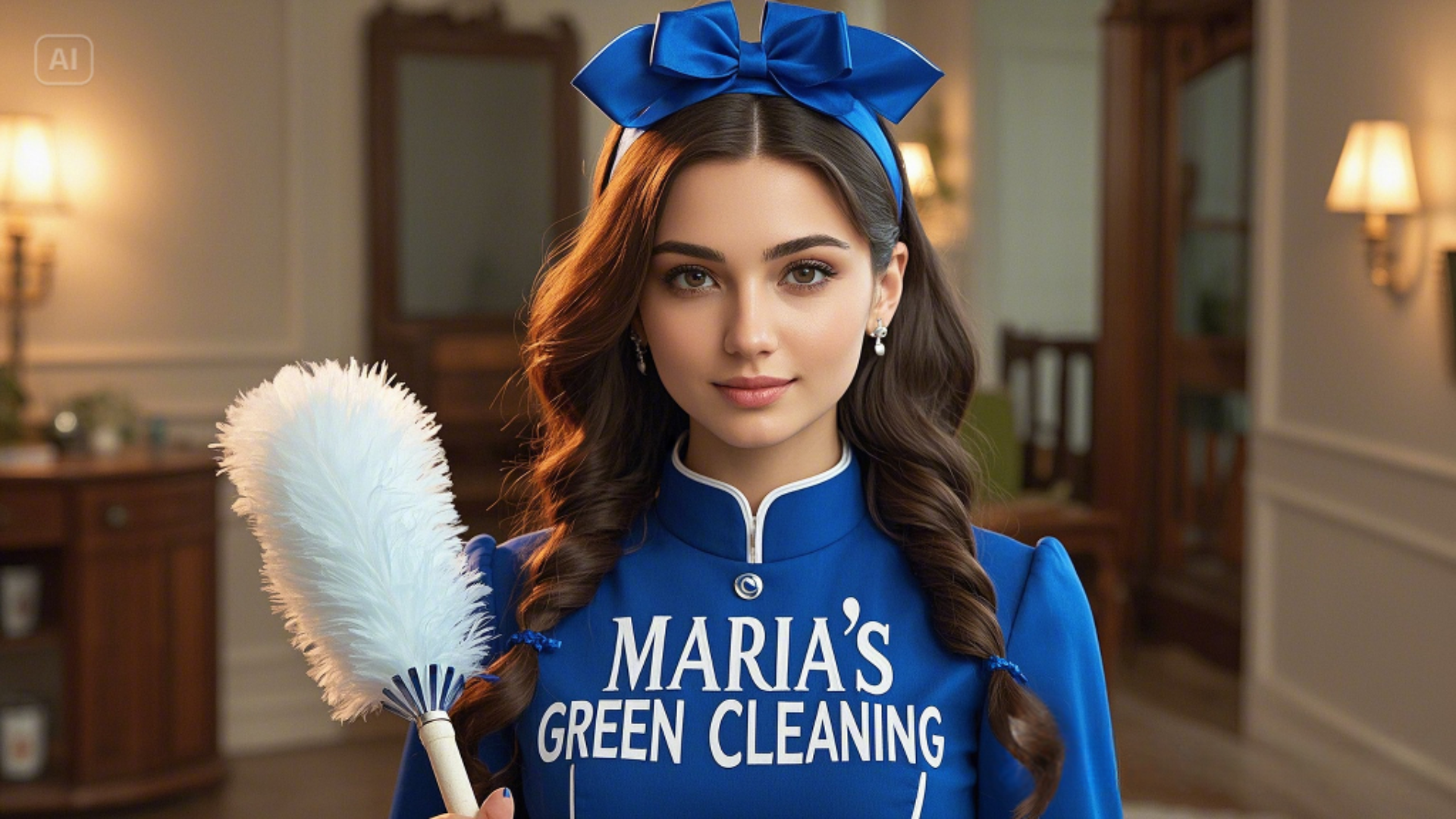 An accredited cleaner carefully dusting fragile decorative items with a feather duster.