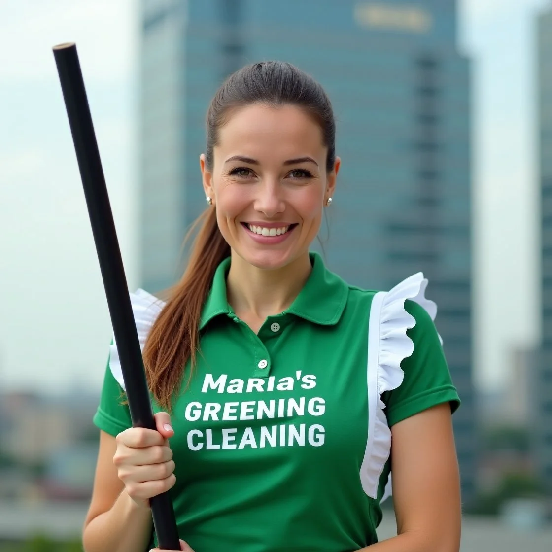 A friendly lady wearing a green uniform and smiling, holding a broom with skyscrapers in the background.