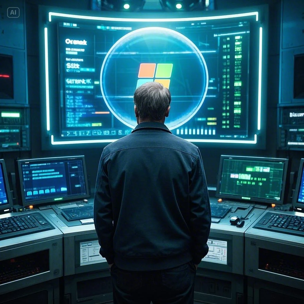 Bill Gates standing in a futuristic control room with multiple computer screens, with a Microsoft logo prominently displayed in the center.