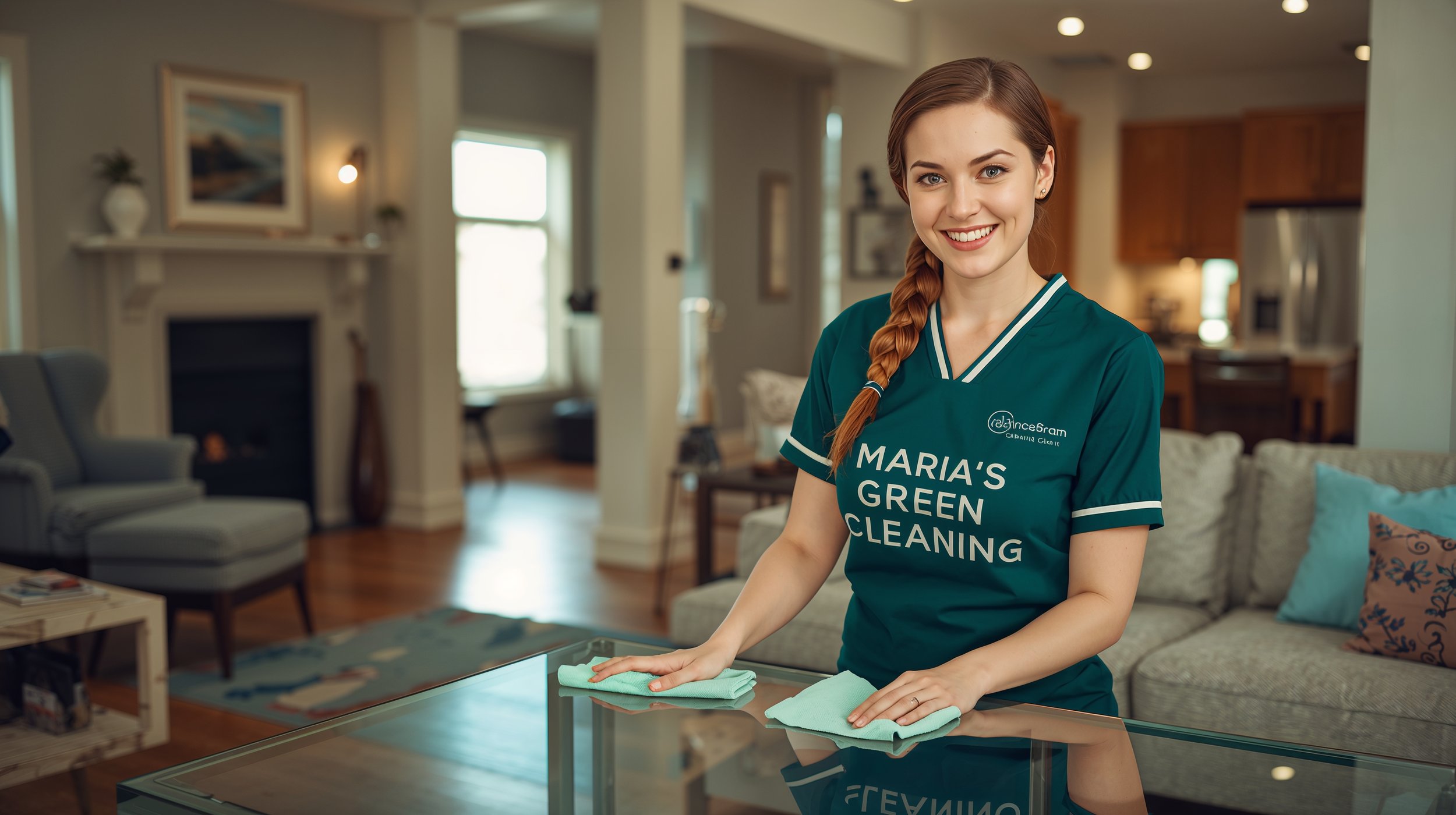 Cleaner from Maria’s Green Cleaning standing beside a polished glass coffee table in an Aurora Seattle home