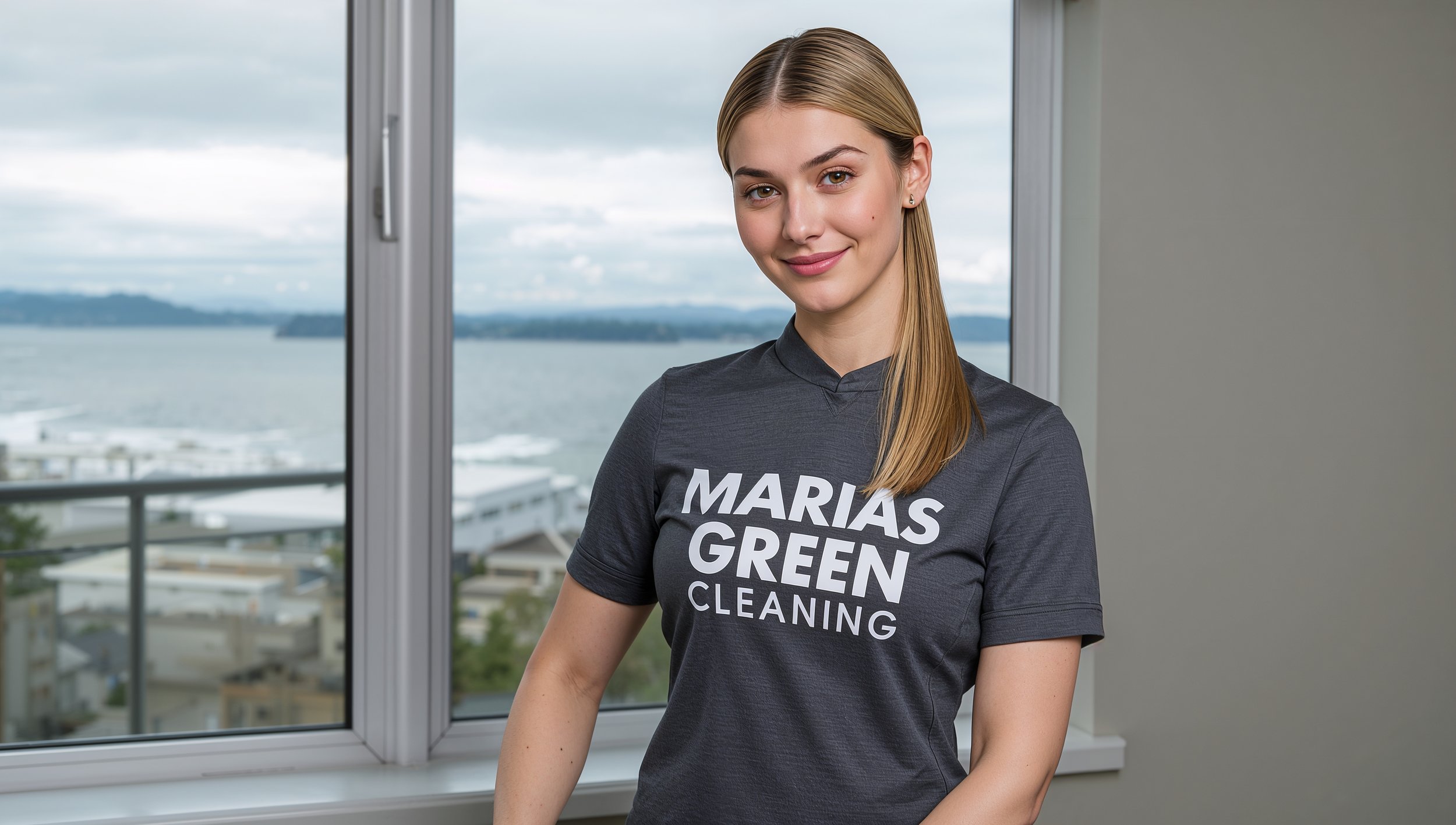 Ukrainian cleaner vacuuming carpet in Brighton Seattle home with Puget Sound view wearing Maria’s Green Cleaning uniform