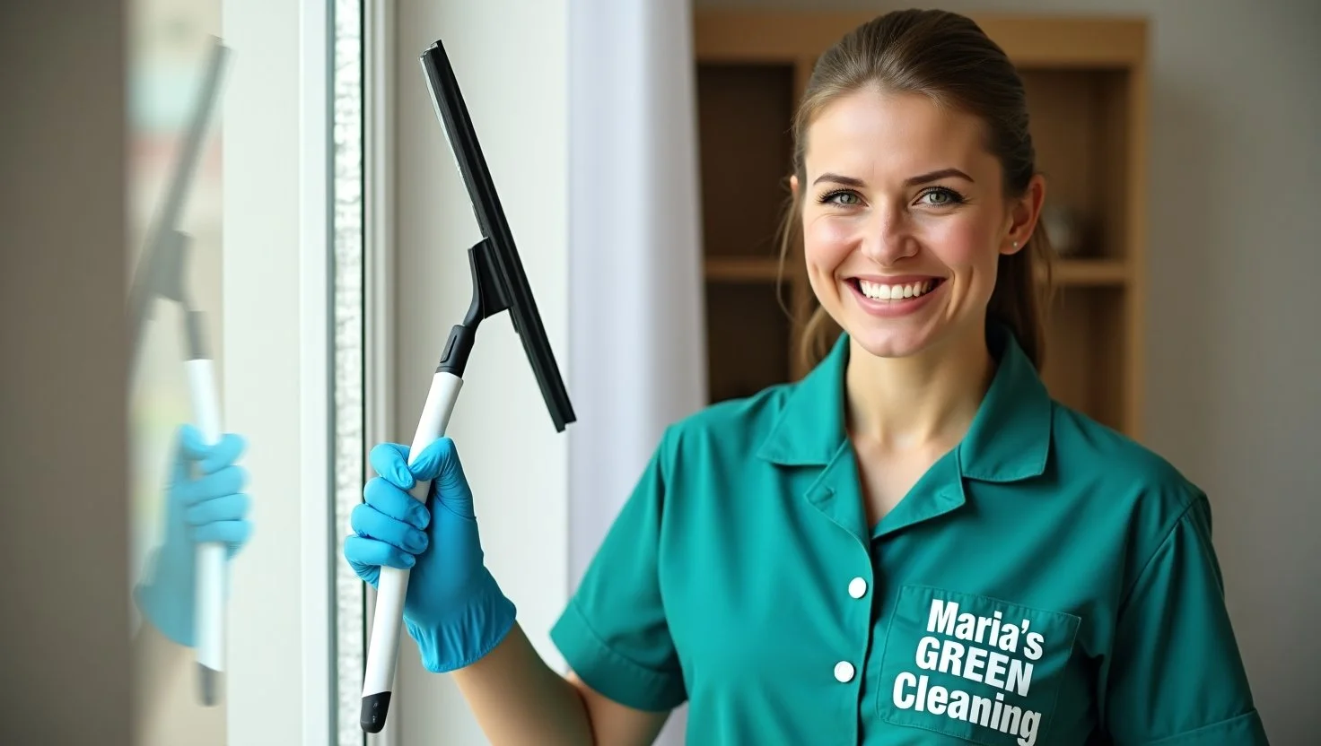 Window cleaner using a squeegee and microfiber cloth to achieve a crystal-clear glass surface