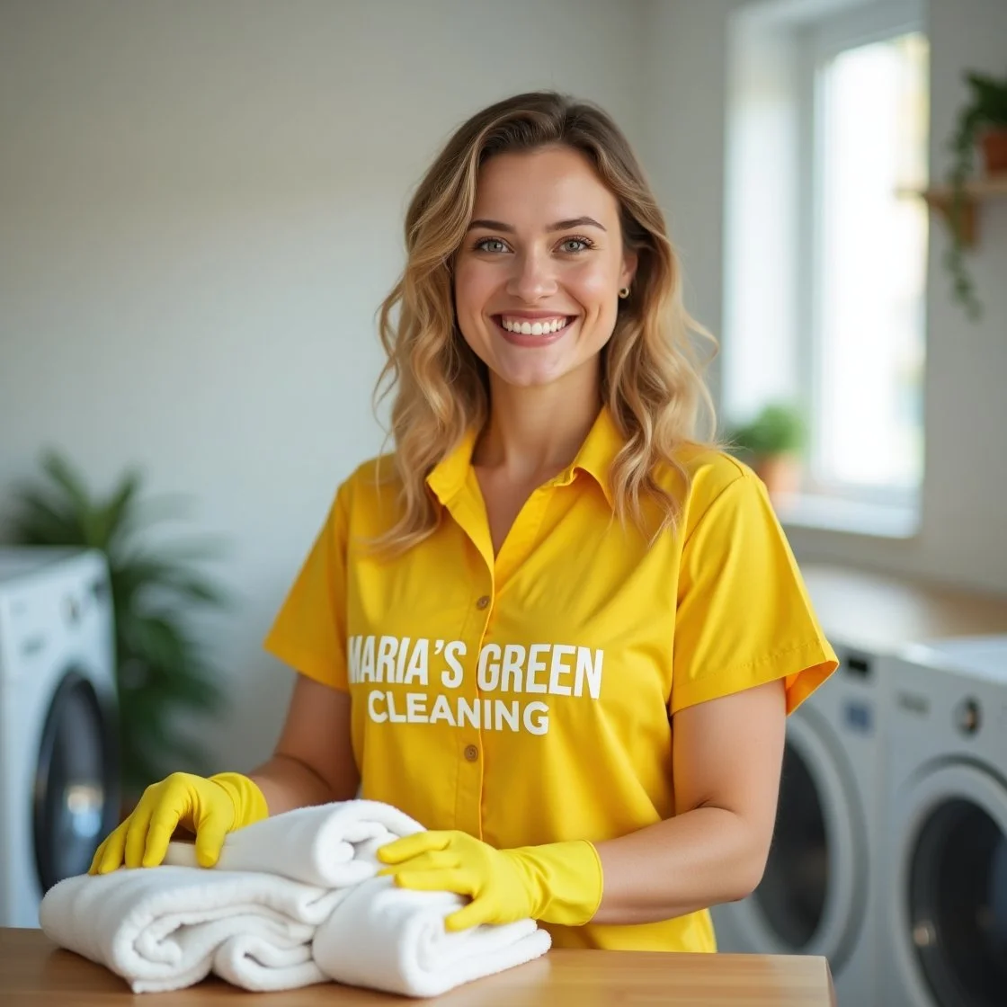 Fresh towels folded nicely in a laundry facility by a cleaning professional.
