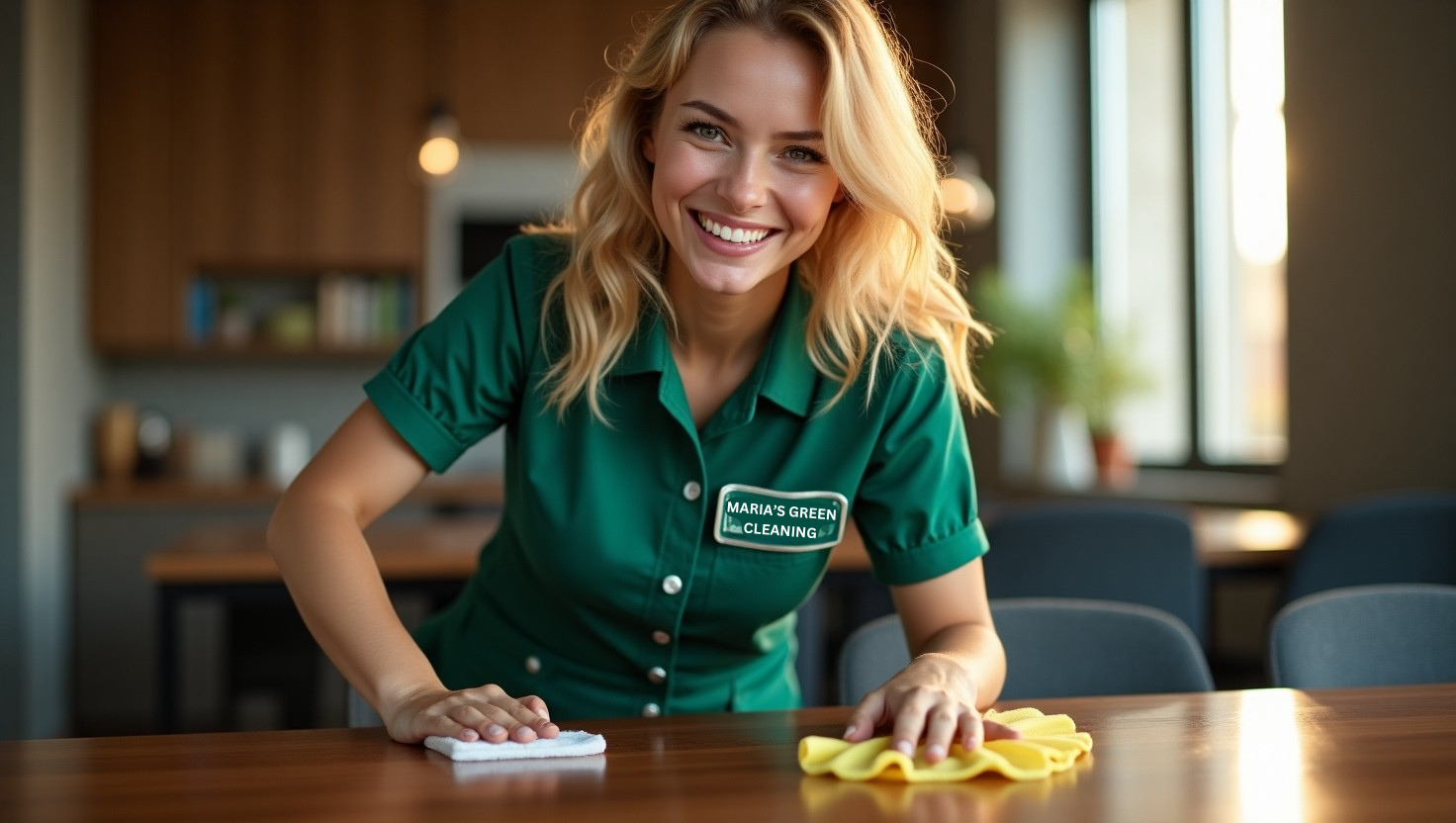 A Trusted Cleaning Expert Meticulously Polishing A Wooden Meeting Table