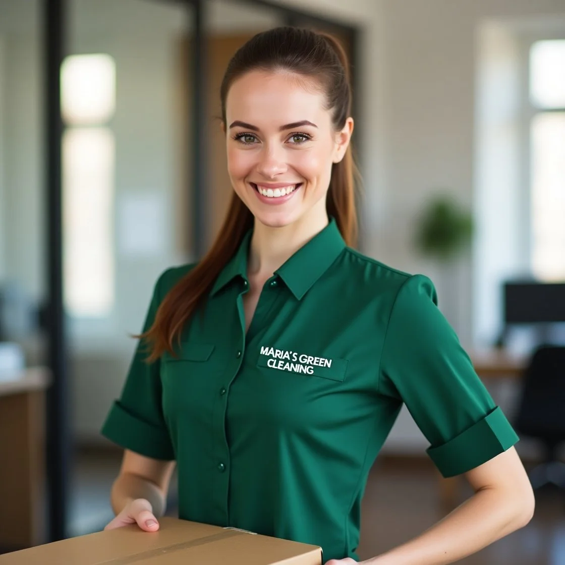 A friendly lady maid smiling while holding a box in a modern office setting, wearing a green uniform that reads "MARIA'S GREEN CLEANING."